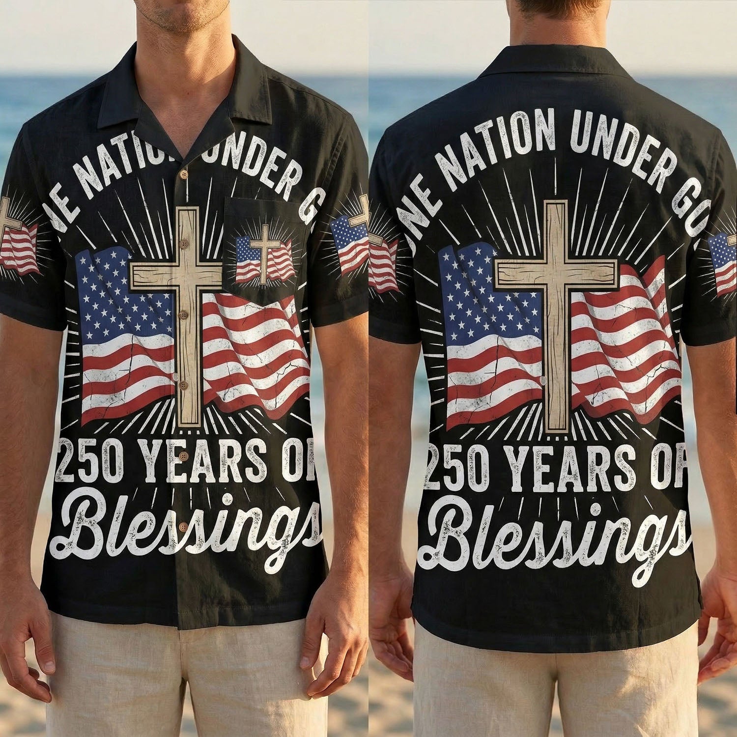 Full front and back display of the 250 years of blessings patriotic Hawaiian shirt with Christian cross and American flag by TKSGift.