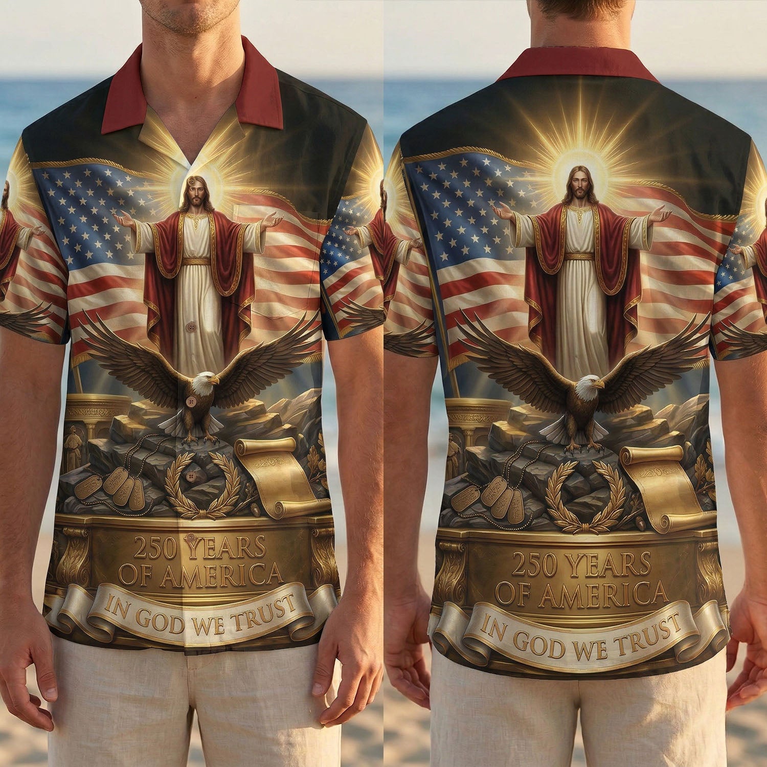 Full front and back display of the 250 Years of Freedom patriotic Hawaiian shirt with Christian cross and American heritage symbols by TKSGift.