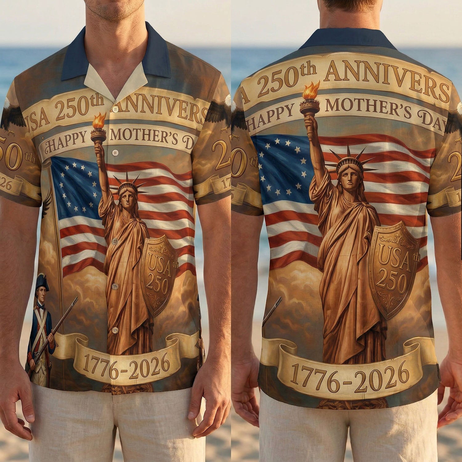 Full front and back display of the 250 Years of Freedom patriotic Hawaiian shirt with Christian cross and American heritage symbols by TKSGift.