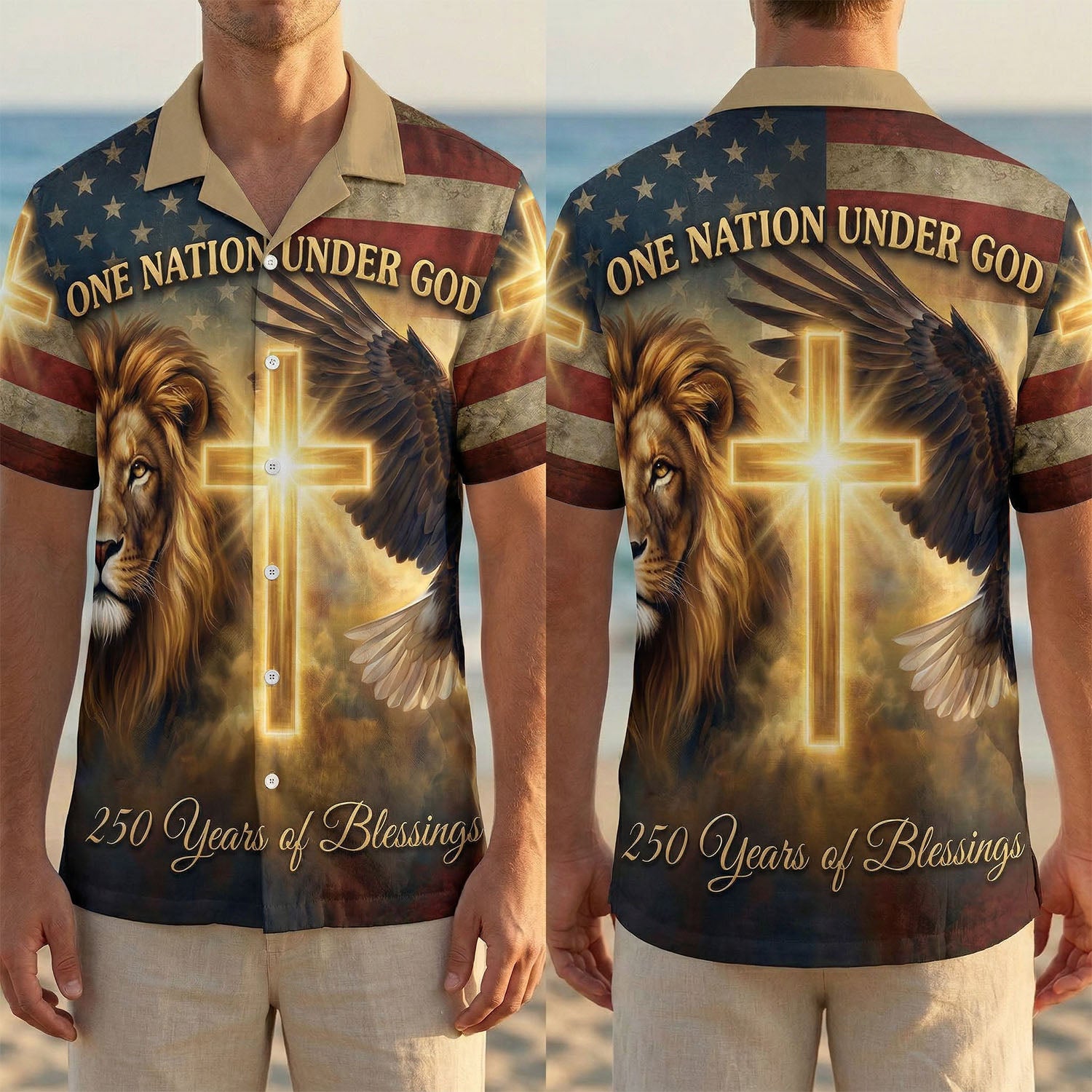 Full front and back display of the 250 years of blessings patriotic Hawaiian shirt with lion and eagle religious design by TKSGift.