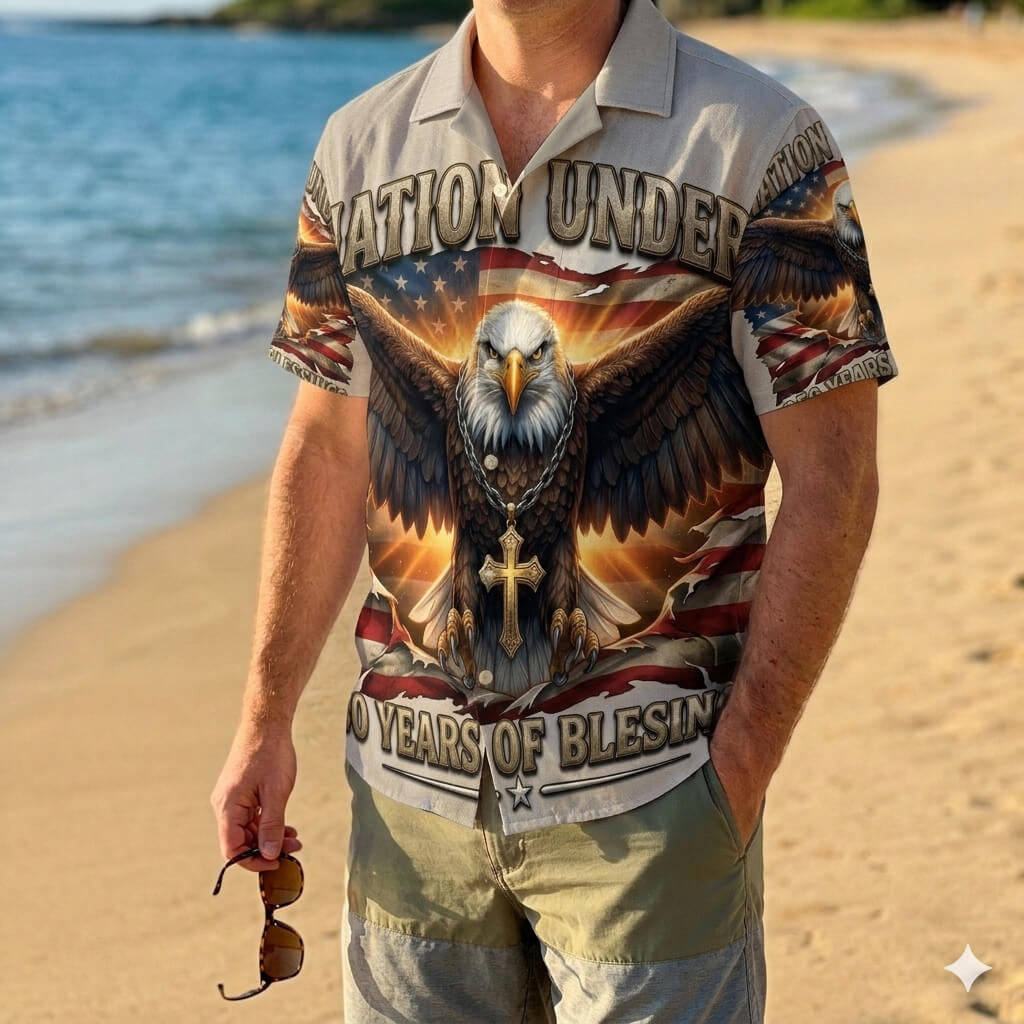 Tksgift One Nation Under God Patriotic Hawaiian Shirt for Men, featuring Bald Eagle, American Flag, and Christian Cross, 250 Years of Blessings Special Edition.