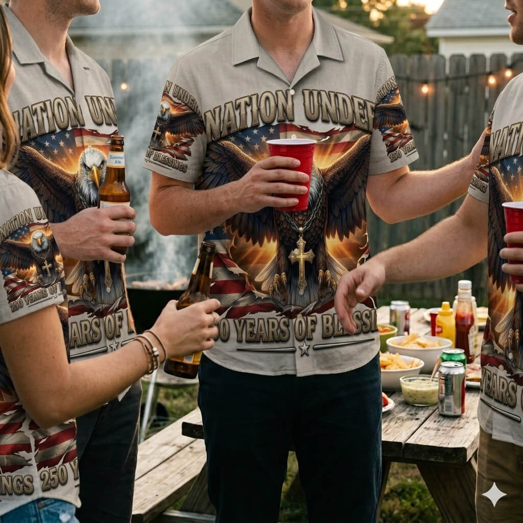 Tksgift One Nation Under God Patriotic Hawaiian Shirt for Men, featuring Bald Eagle, American Flag, and Christian Cross, 250 Years of Blessings Special Edition.