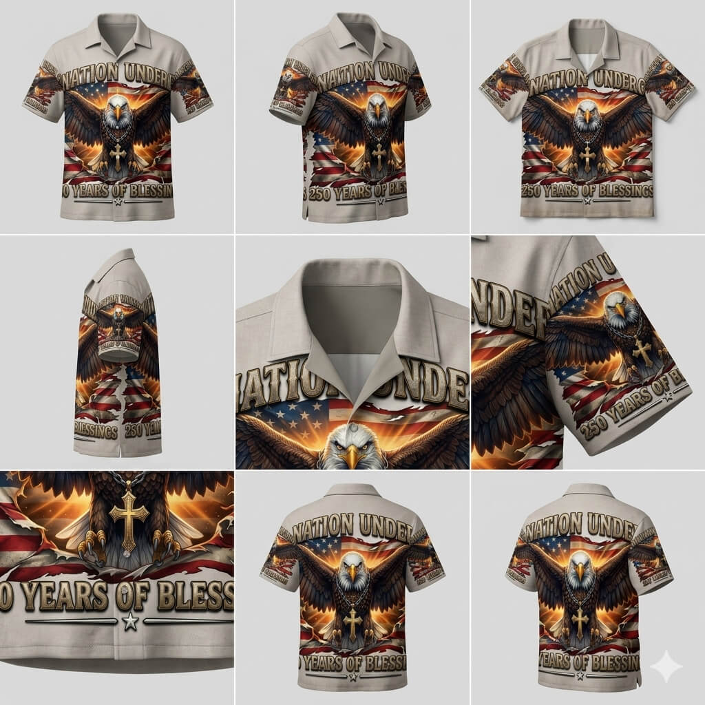 Detailed graphic of a Bald Eagle with a Christian Cross and American Flag on a Tksgift Hawaiian shirt, celebrating 250 years of blessings.