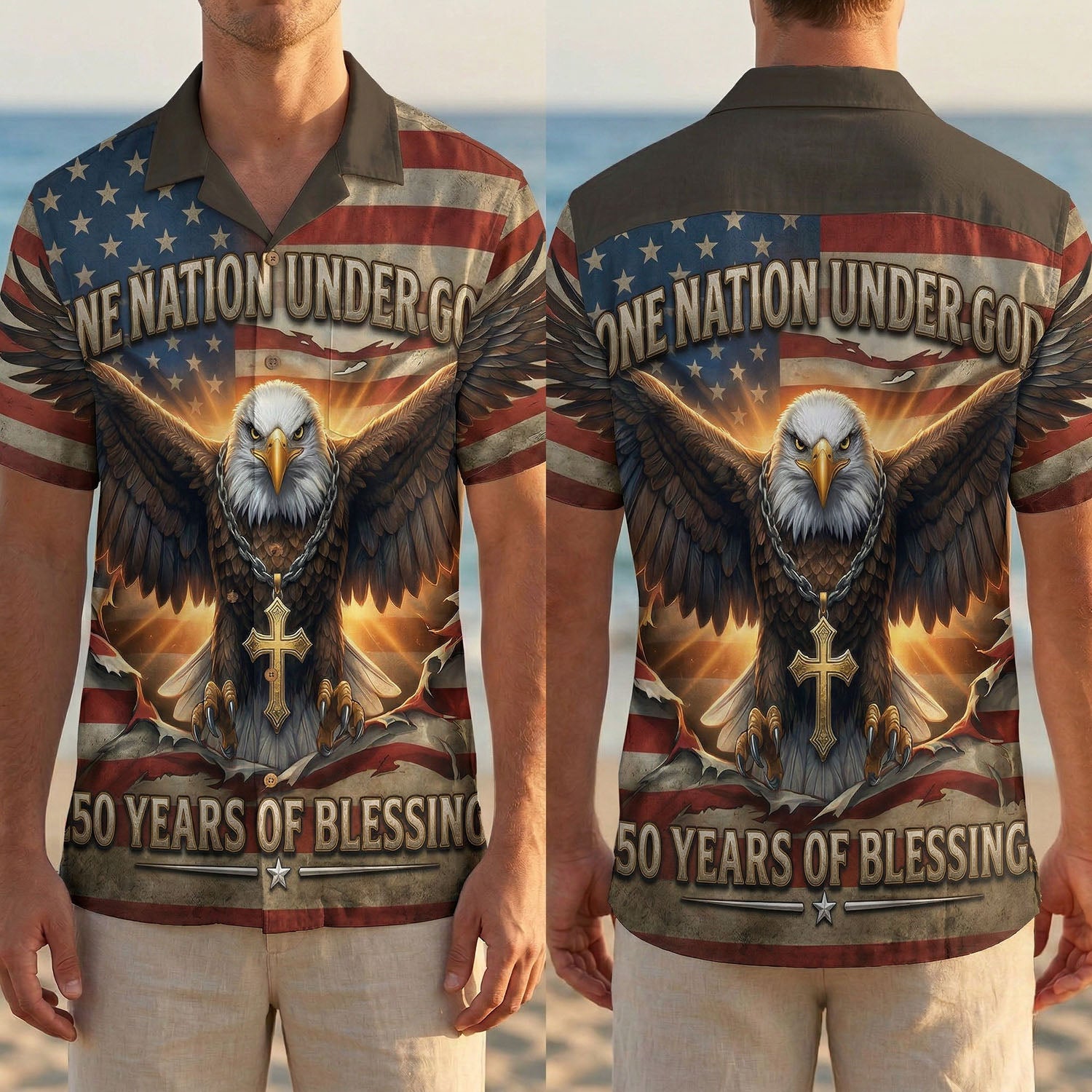 Full front and back display of the 250 Years of Blessing eagle shirt featuring the star-spangled banner and Christian cross.