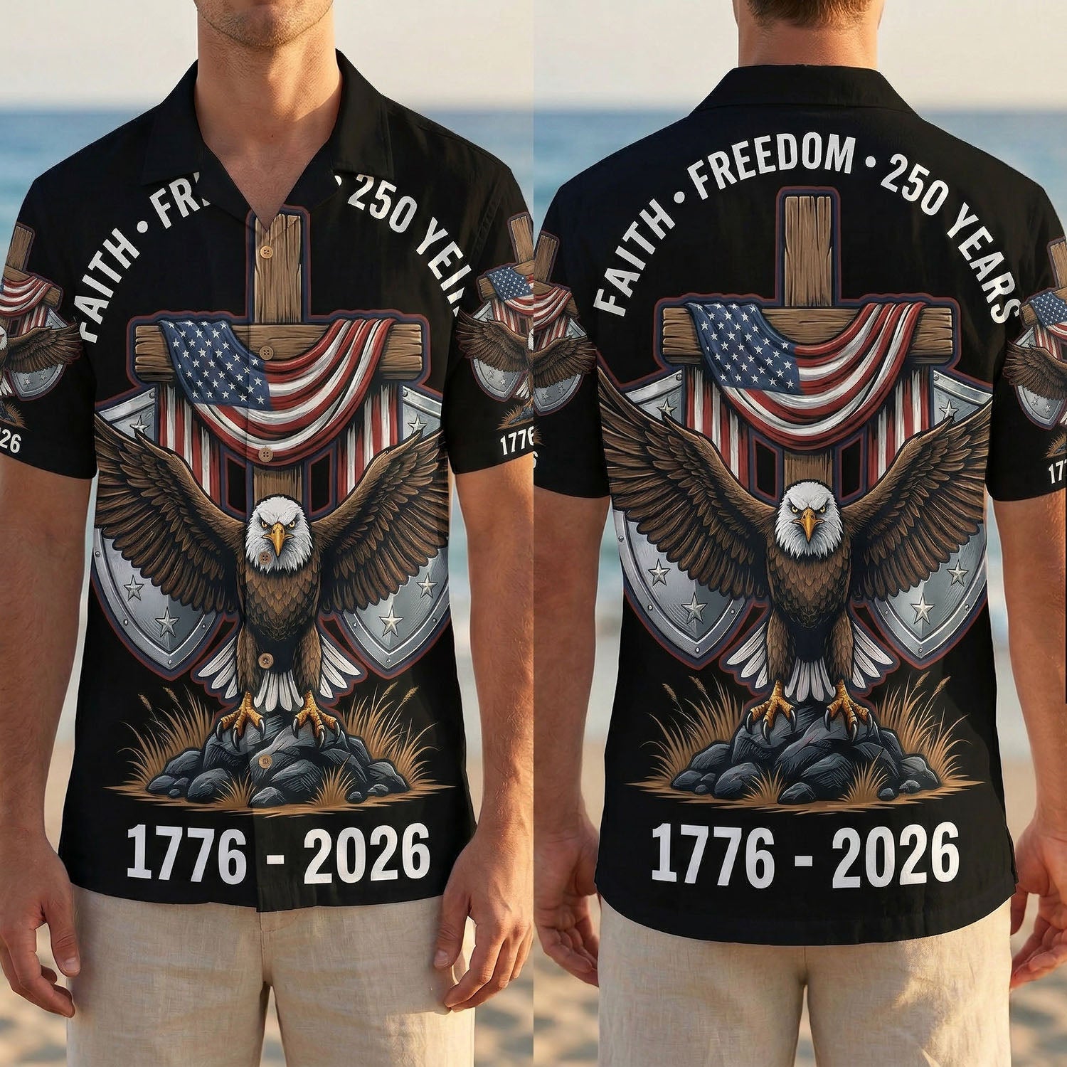 Full front and back display of the majestic eagle and American flag patriotic Hawaiian shirt for men.