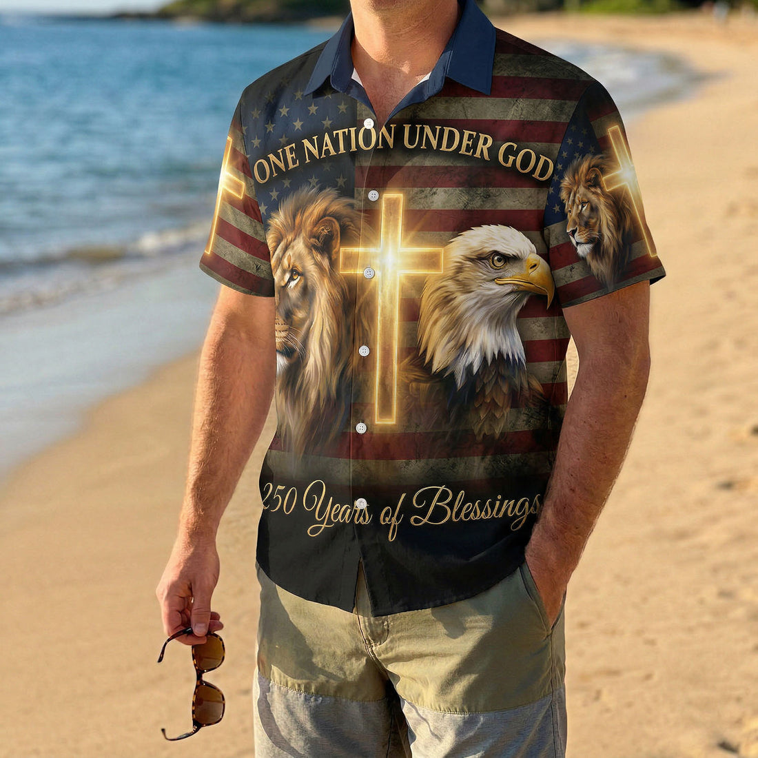 A premium cream colored Hawaiian Aloha shirt celebrating the 250th anniversary of American Independence with vintage patriotic icons by TKSGift.