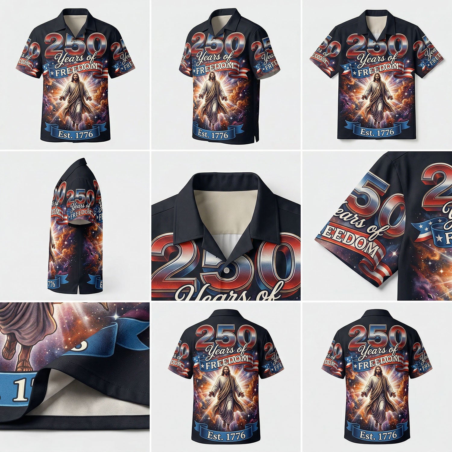 Detailed mockup collage of the Jesus American spirit shirt showing sleeves, collar, and high-quality fabric texture.