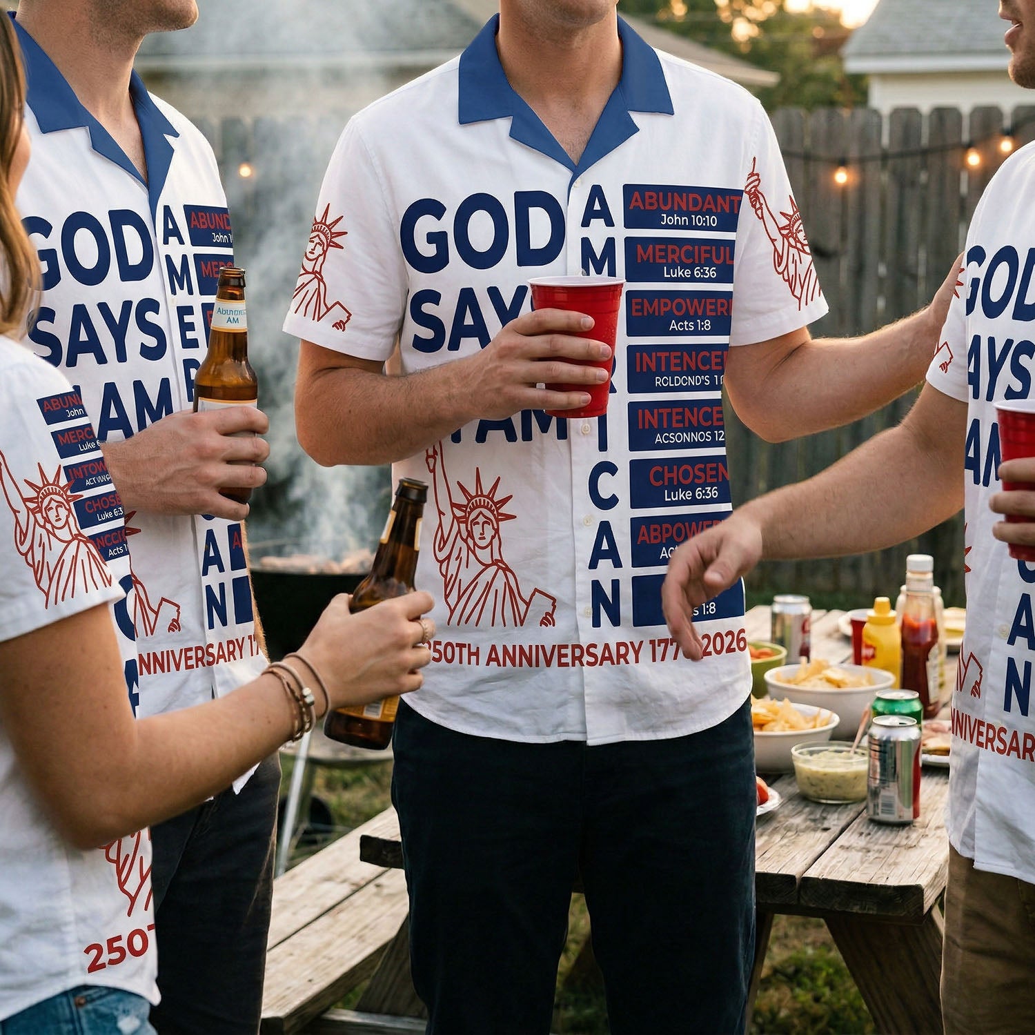 A group of friends wearing matching God Says I Am American 250th anniversary shirts at a backyard barbecue celebration for Independence Day