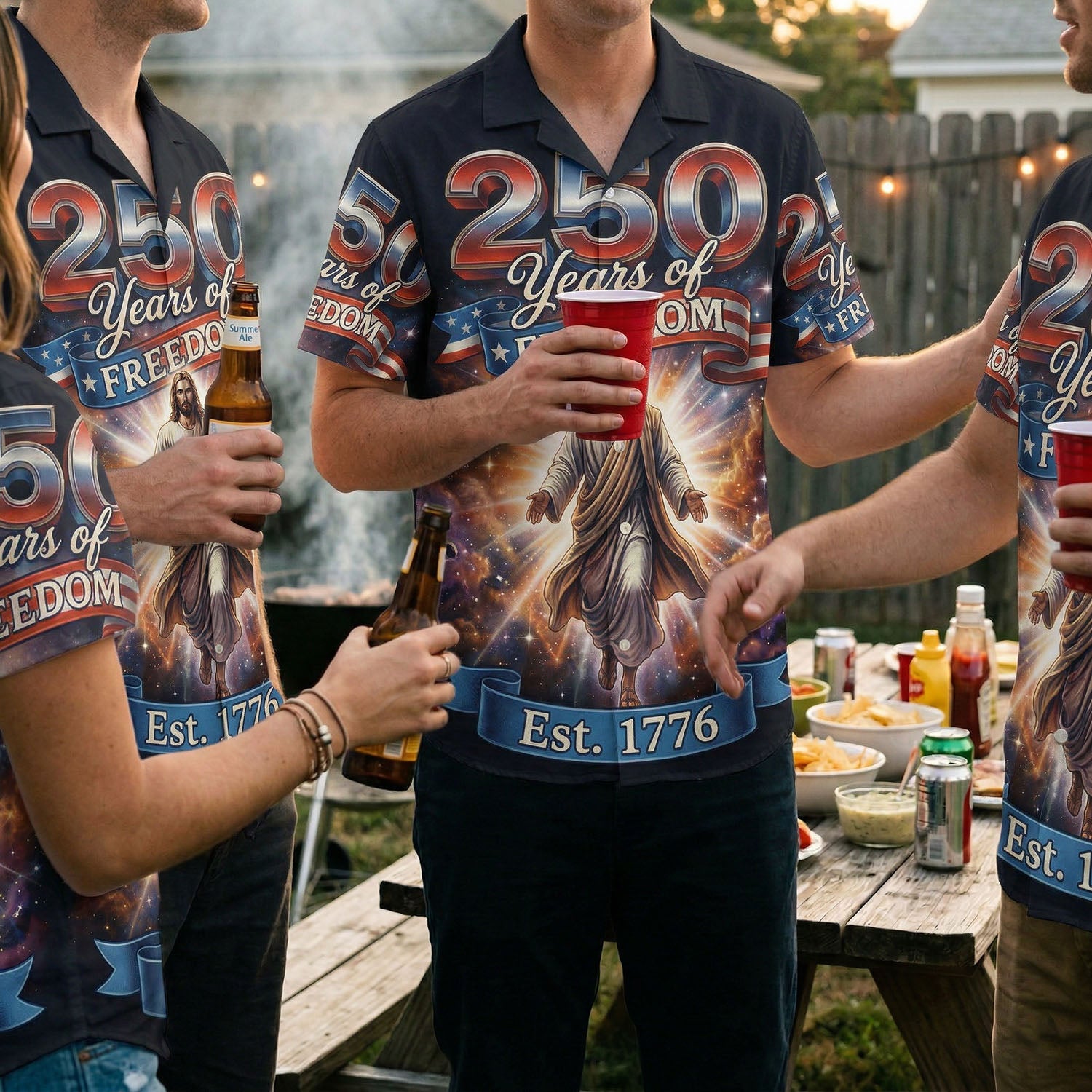 Men wearing the 250th anniversary Jesus shirt at an outdoor American BBQ party, showcasing a social lifestyle look.
