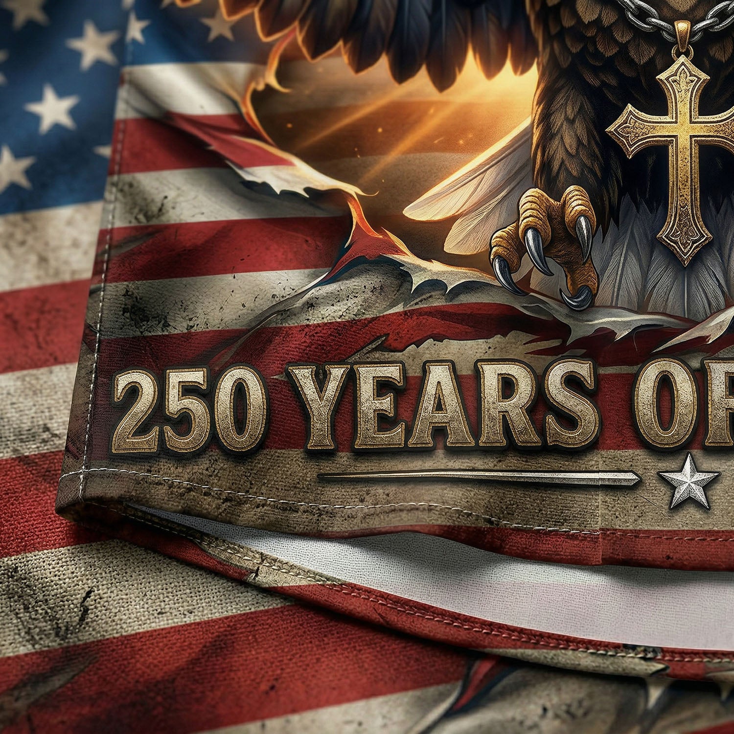 Macro shot of the high-quality fabric texture and golden "250 Years of Blessing" text on the patriotic shirt's hem.
