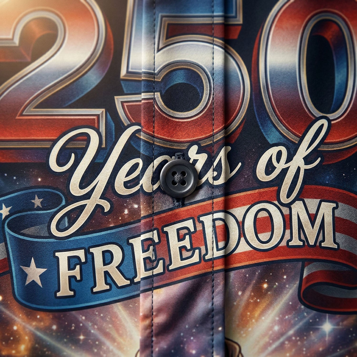 Close-up of high-quality stitching and button detail on the Jesus 250 Years of Freedom shirt, emphasizing premium fabric.