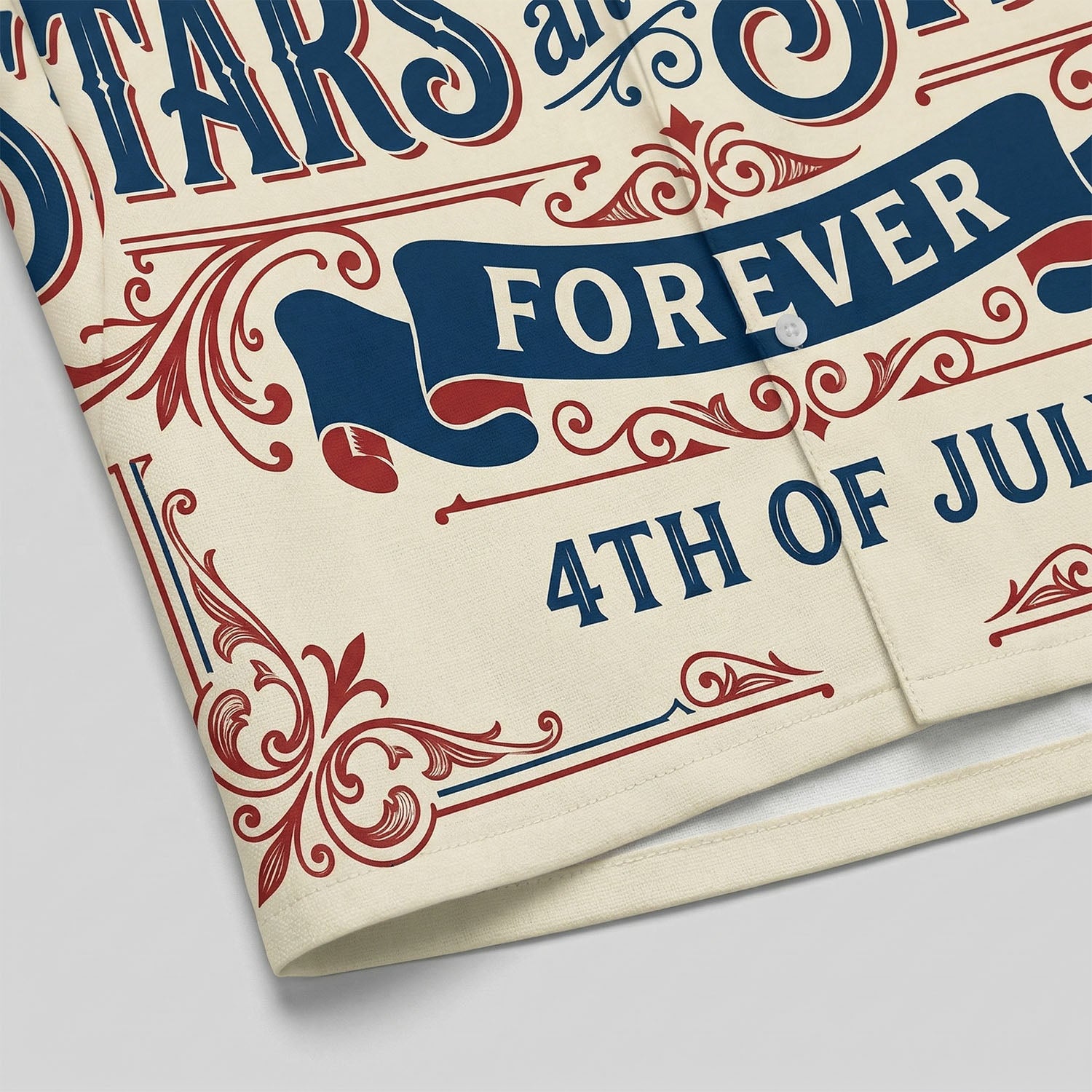 Macro close up of the premium fabric and vintage-style 3D print showing the Forever banner and ornate patriotic filigree.