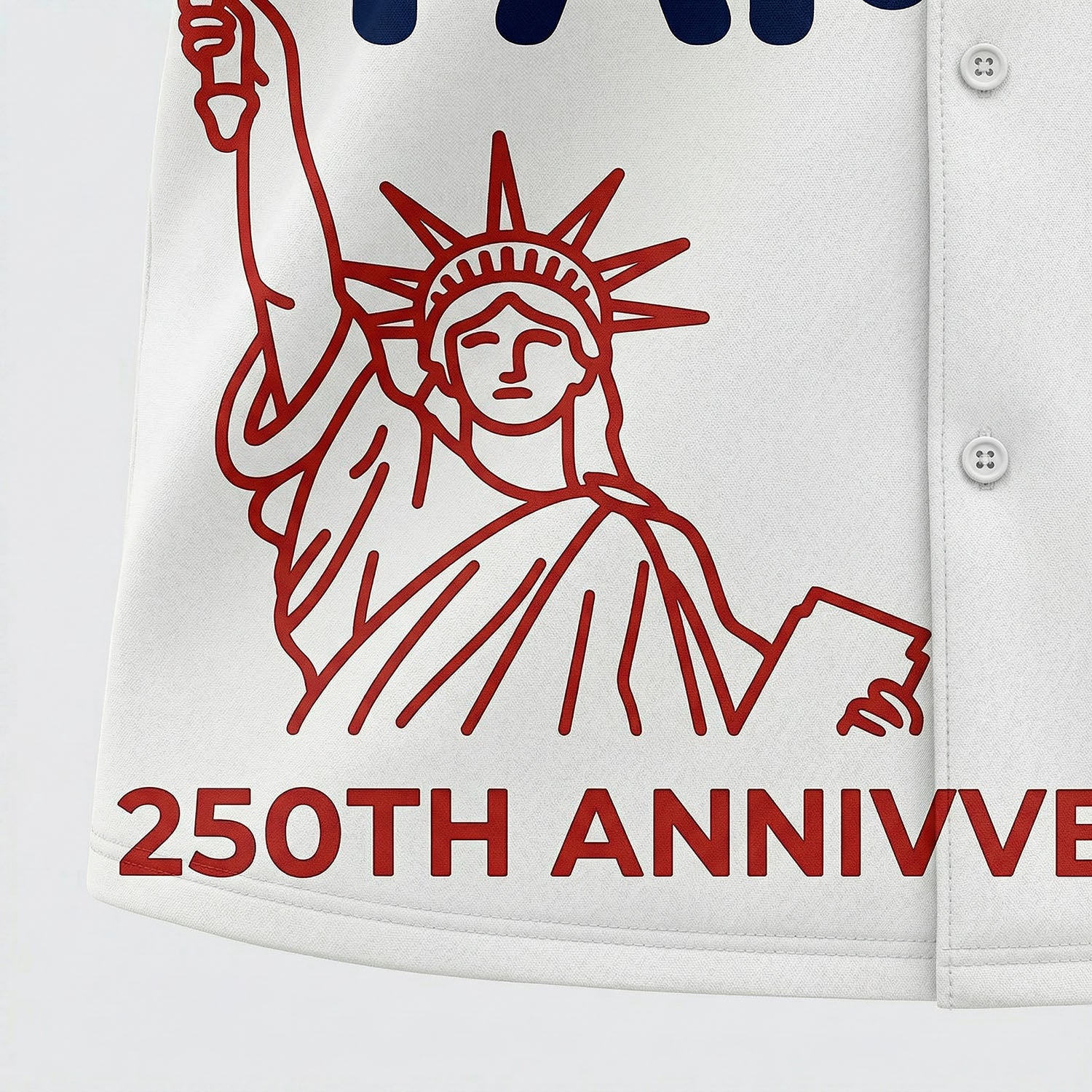Close up of the red line art Statue of Liberty graphic and 250th Anniversary text on the white patriotic Christian shirt by TKS Gift