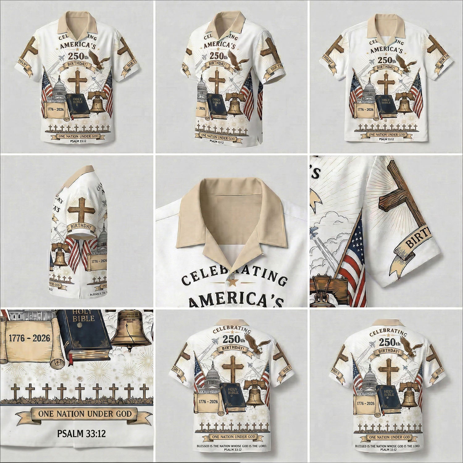A detailed mockup gallery showing multiple angles of the One Nation Under God 250 years anniversary shirt with religious graphics.