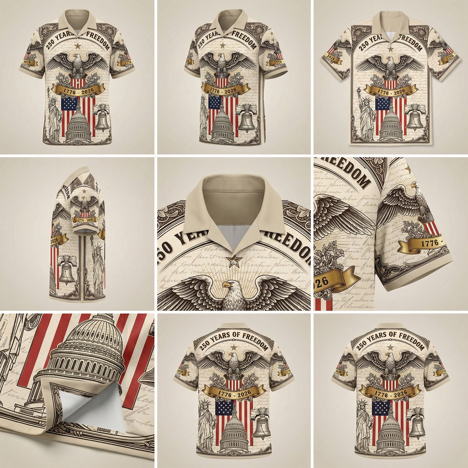 A comprehensive mockup collage showing multiple angles and patriotic details of the 250 years freedom striped anniversary shirt by TKS Gift