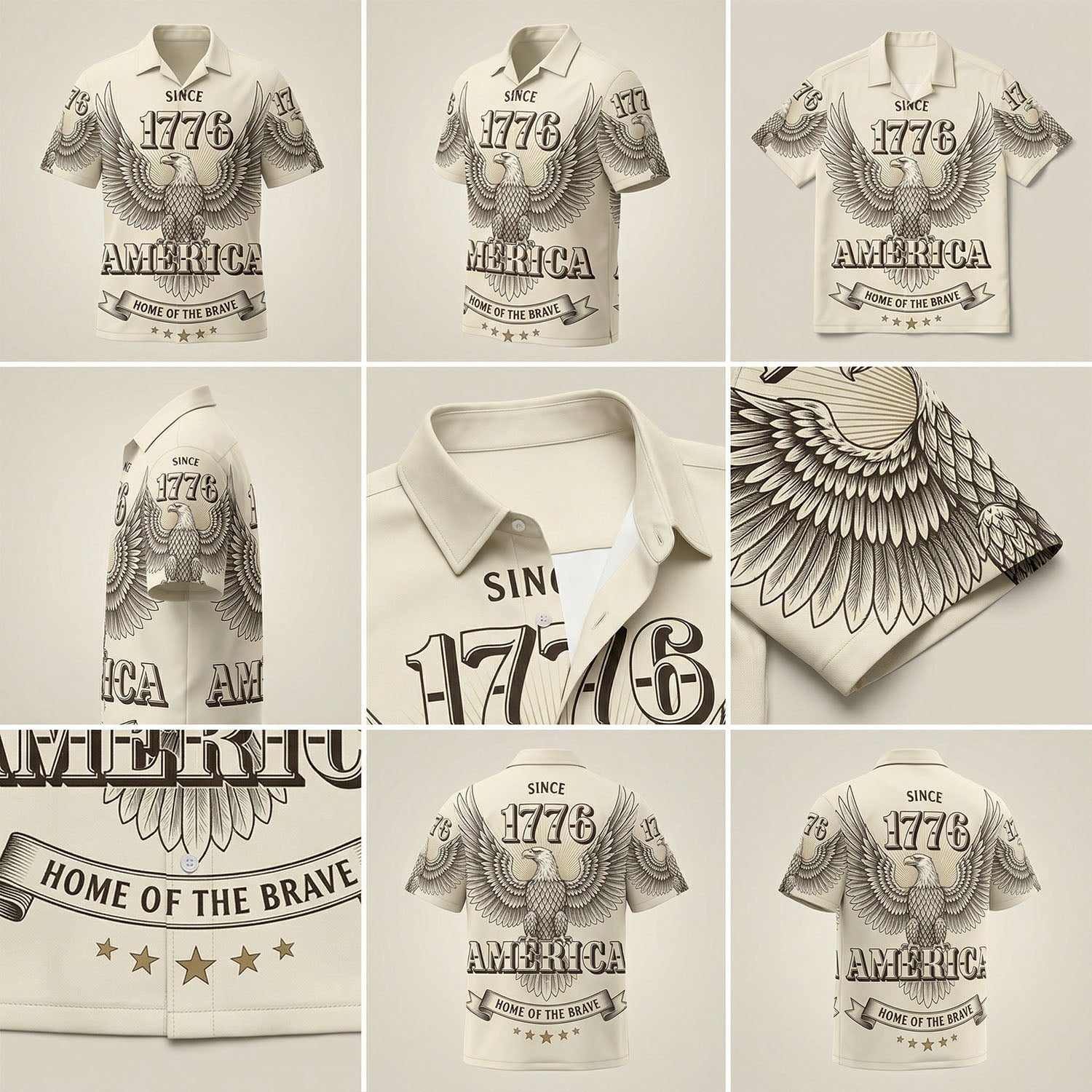 A collage showing multi-angle views and close-up details of the engraved 1776 American spirit Hawaiian shirt in cream.