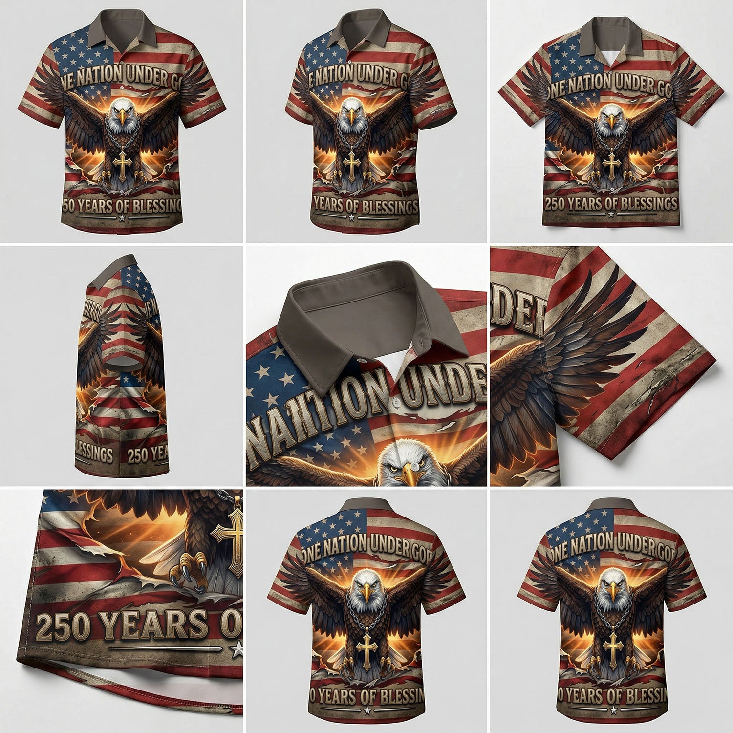 A detailed collage showcasing the collar, sleeves, and premium printing of the One Nation Under God eagle Hawaiian shirt.