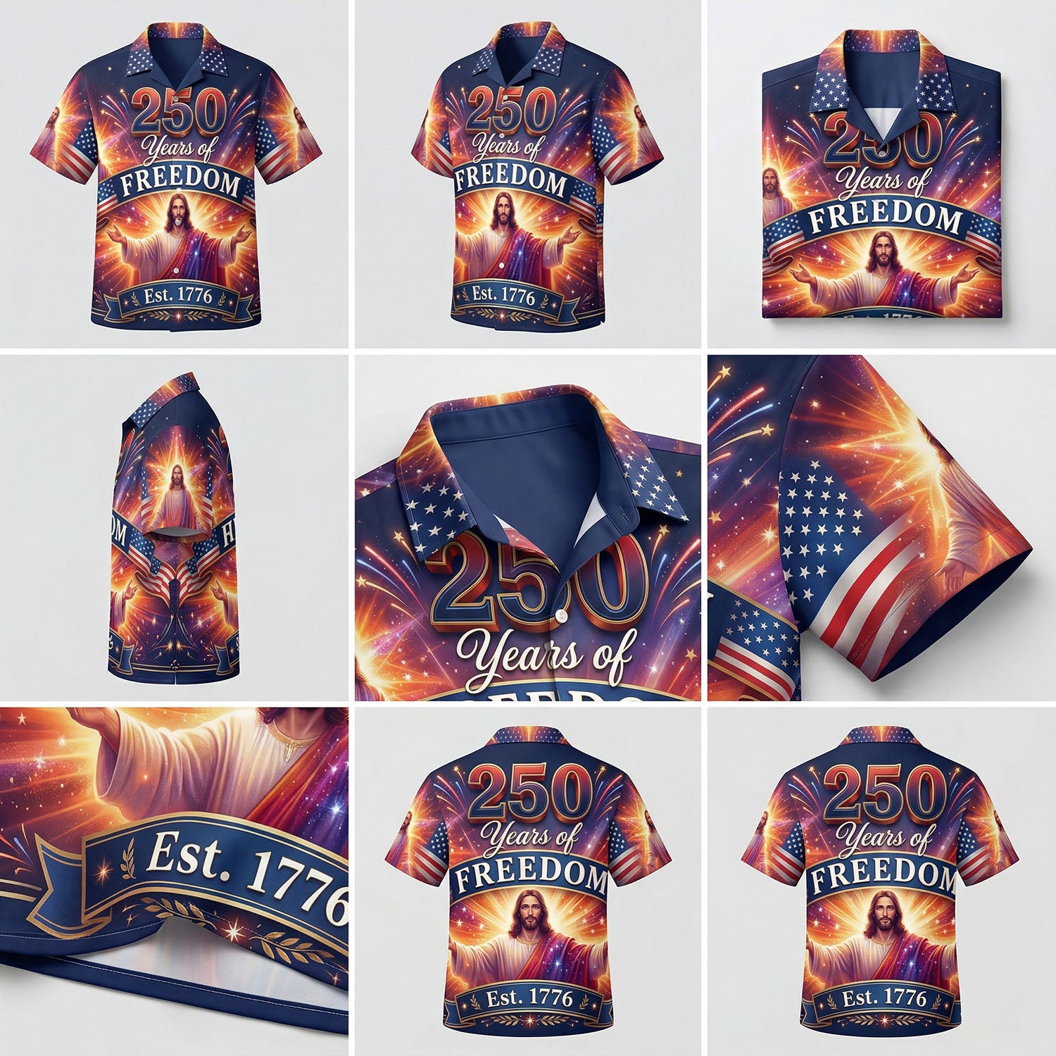 A comprehensive collage showing collar details, sleeve prints, and full design of the navy blue 250th-anniversary Jesus Hawaiian shirt.