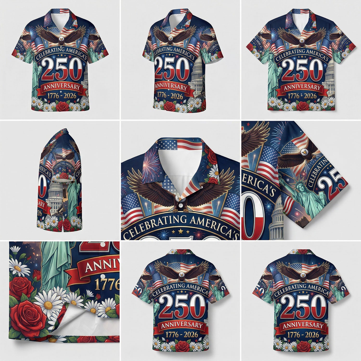 A detailed collage showcasing the collar, sleeves, and high-definition print of the Celebrating America's 250th Anniversary shirt.
