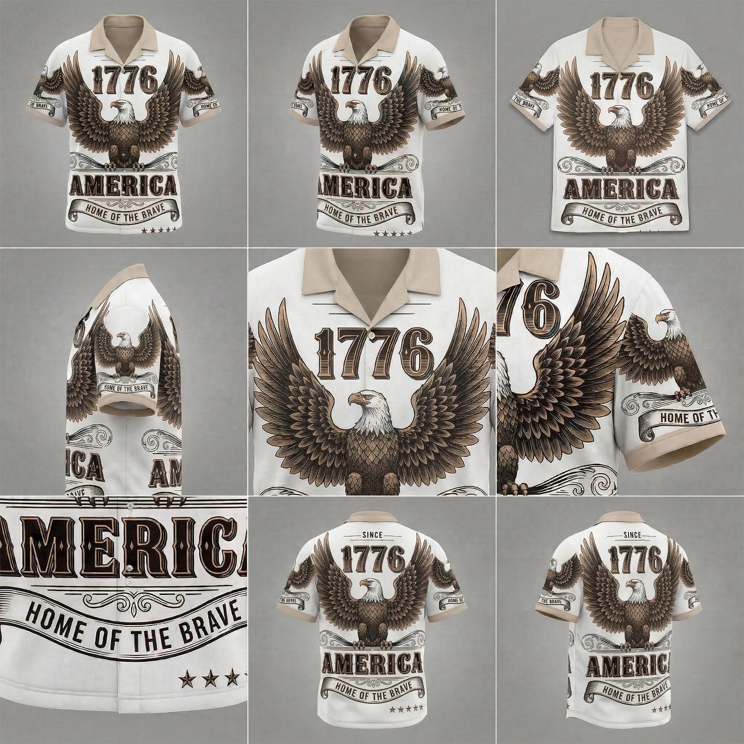 A comprehensive product mockup collage showing different angles and print details of the white and tan 1776 patriotic eagle shirt
