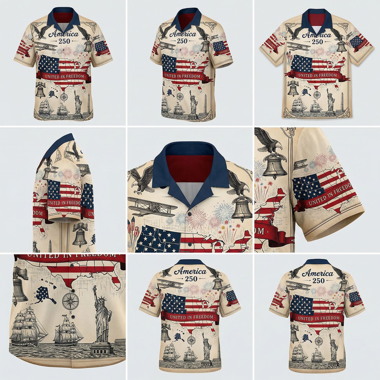 A comprehensive product mockup collage showing multiple angles and intricate details like the eagle ships and landmarks on the America 250 patriotic shirt