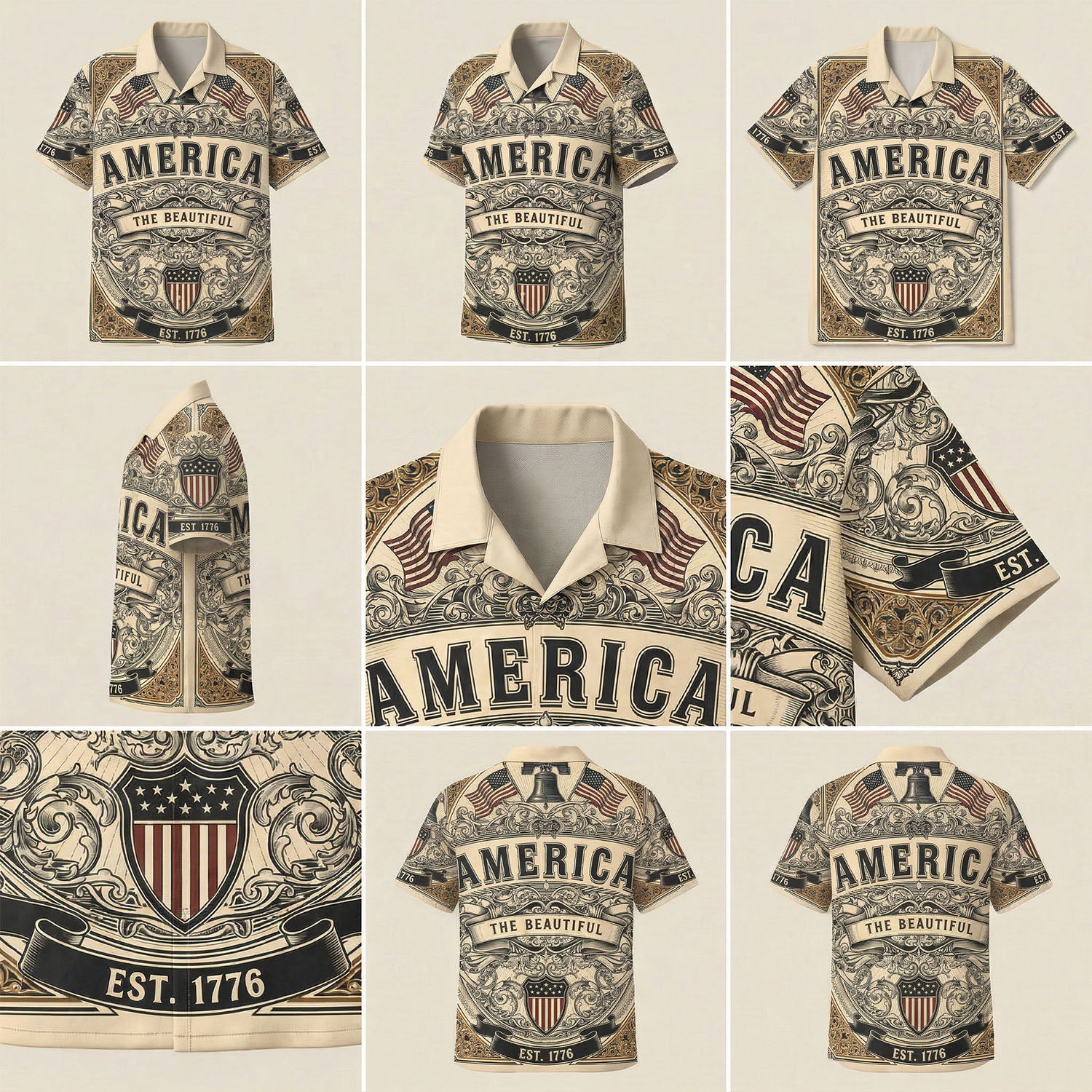A detailed mockup collage showing multiple angles and intricate gold baroque scrollwork of the America The Beautiful patriotic shirt