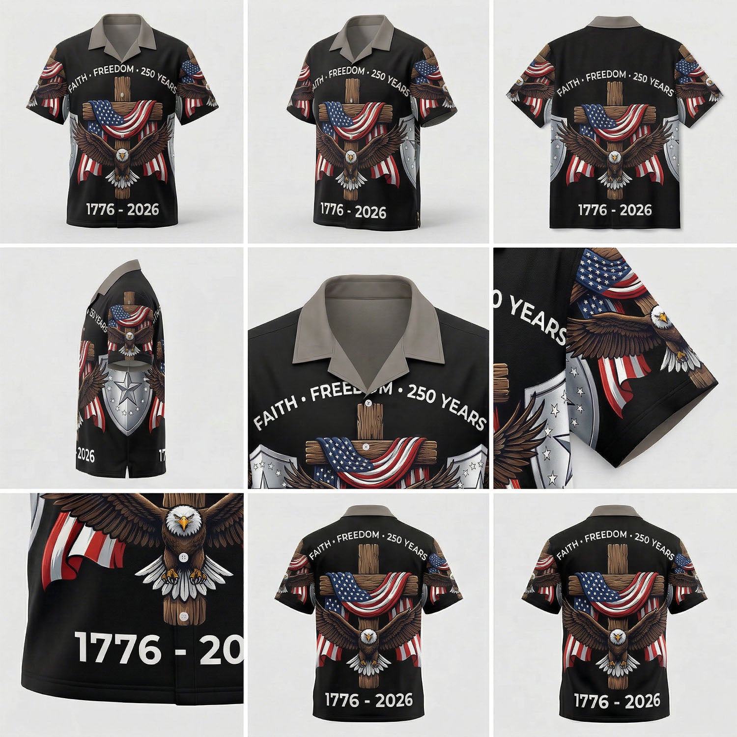 A comprehensive mockup collage showing multi-angle views, collar, and print details of the black patriotic eagle and cross shirt.