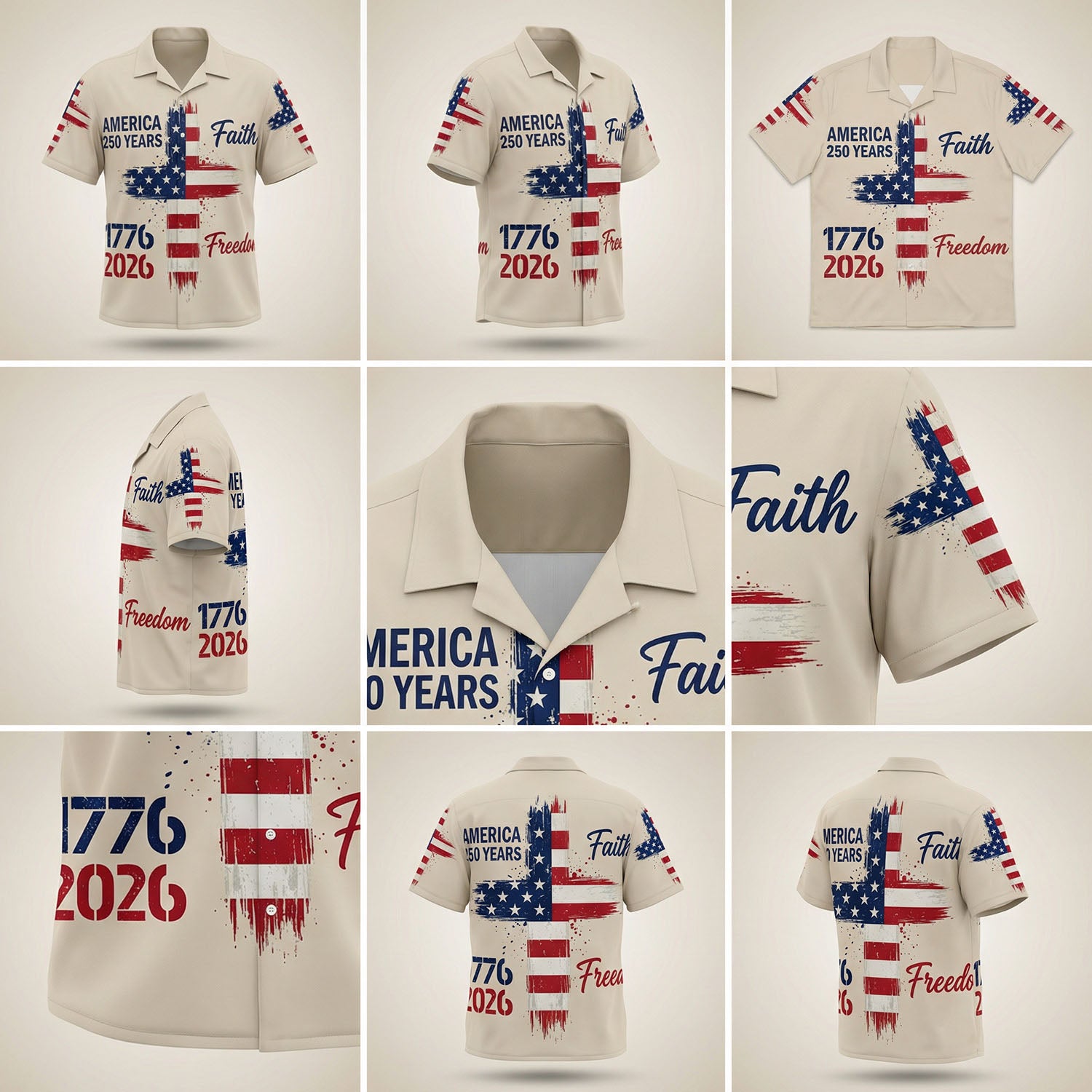A comprehensive collage showing multi-angle views, collar, and sleeve details of the vintage cream Faith and Freedom anniversary shirt.