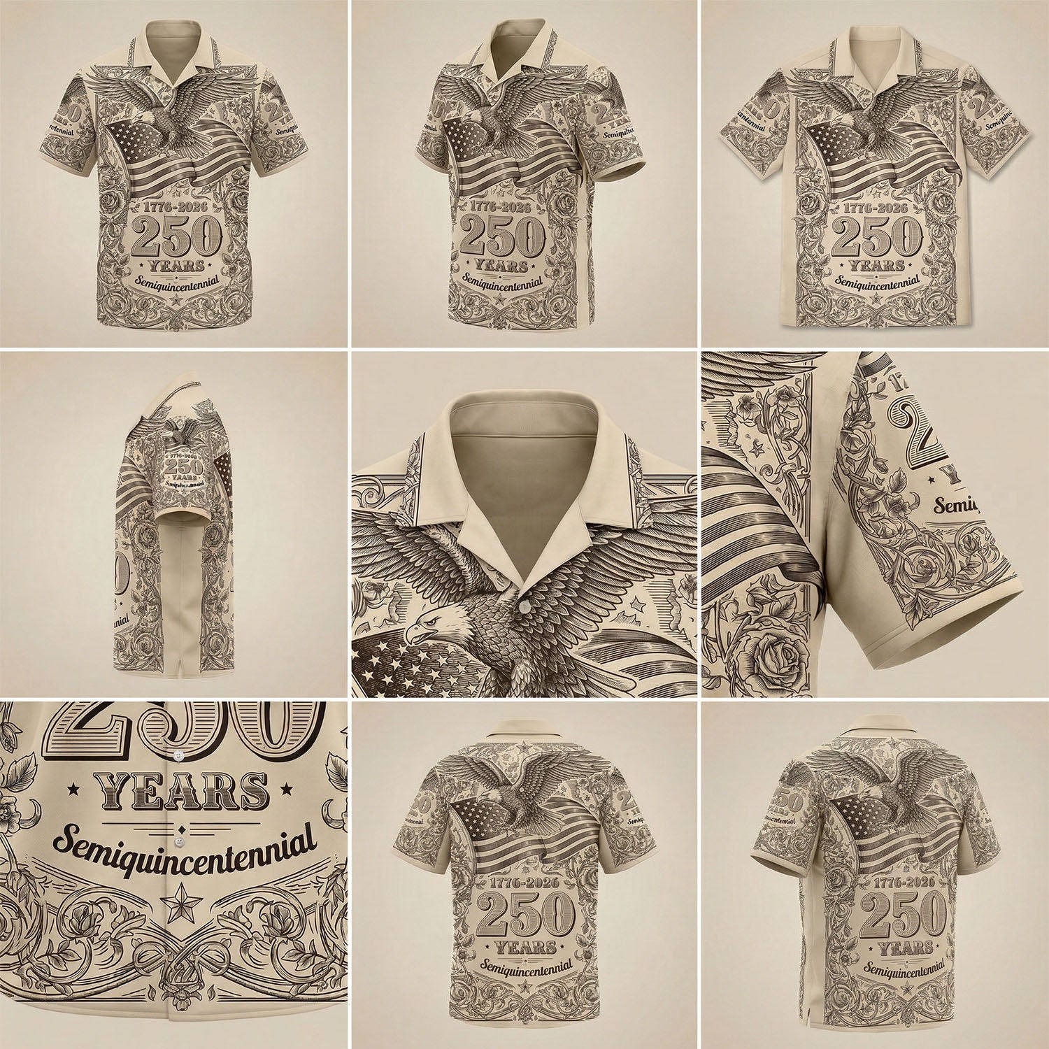 A comprehensive mockup collage showing multi-angle views, collar, and intricate engraved print details of the cream patriotic eagle shirt.