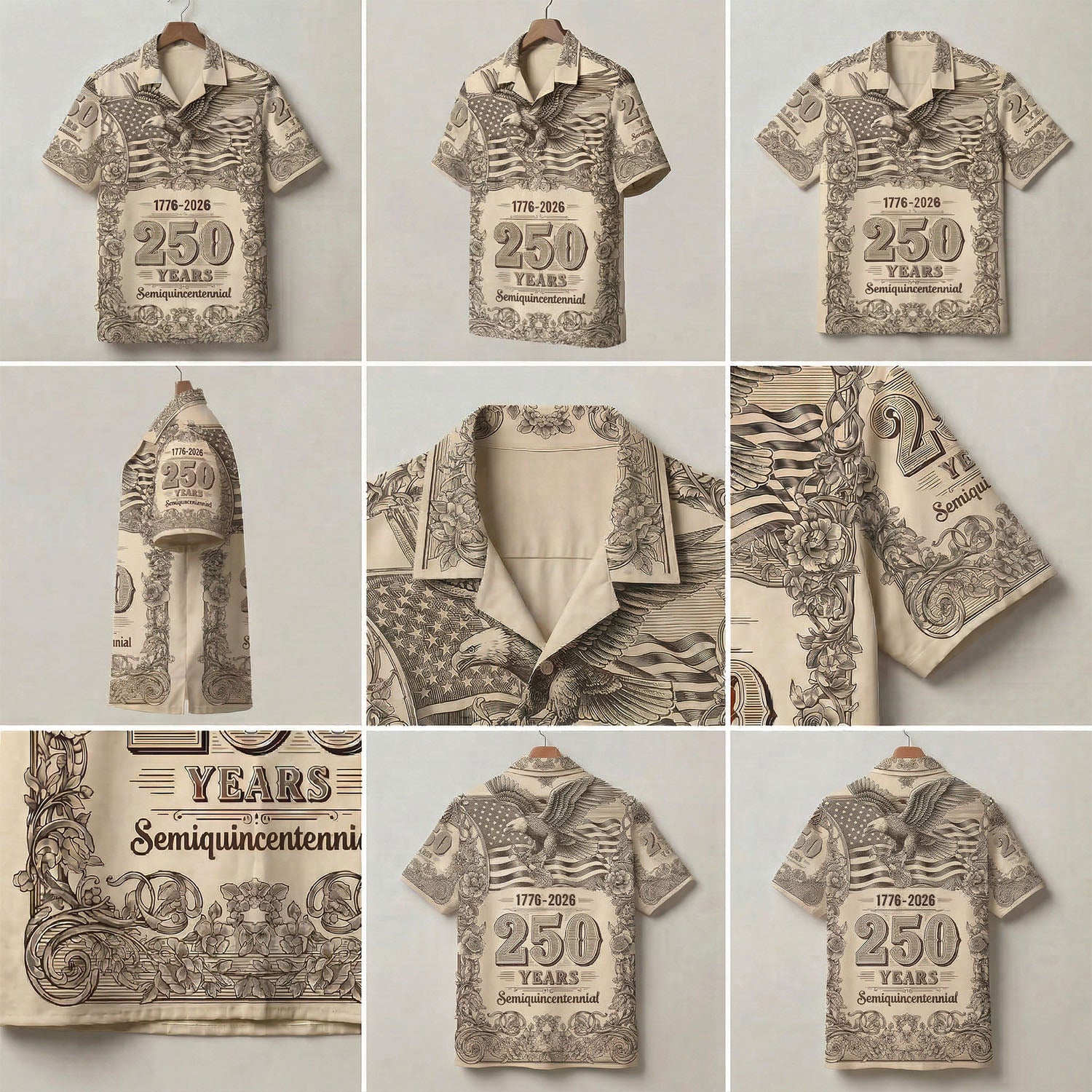 A comprehensive product mockup collage showing various angles, sleeve details, and intricate engraved artwork of the 250th-anniversary US patriotic shirt.
