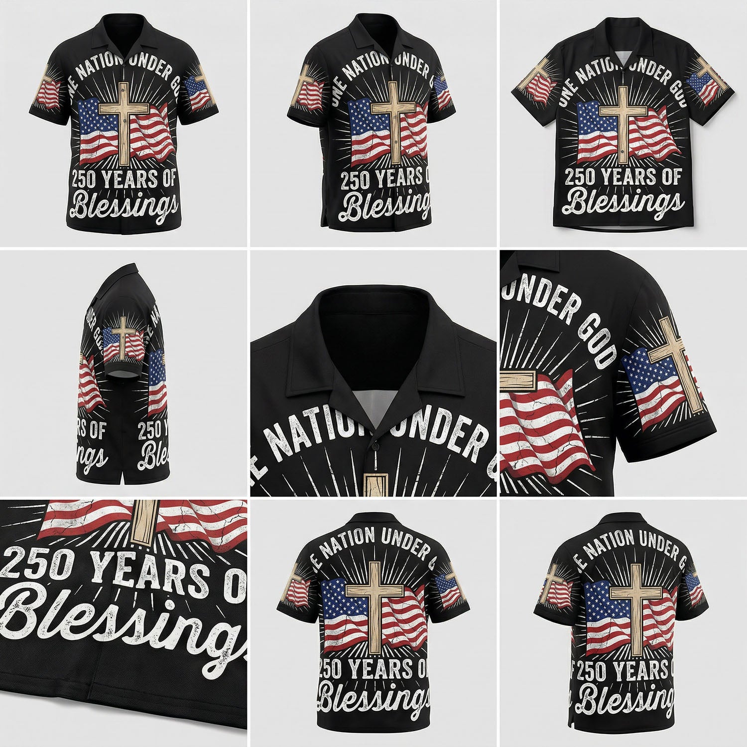 A detailed mockup gallery showing multiple angles and high-quality print details of the Christian patriotic Hawaiian button down shirt.