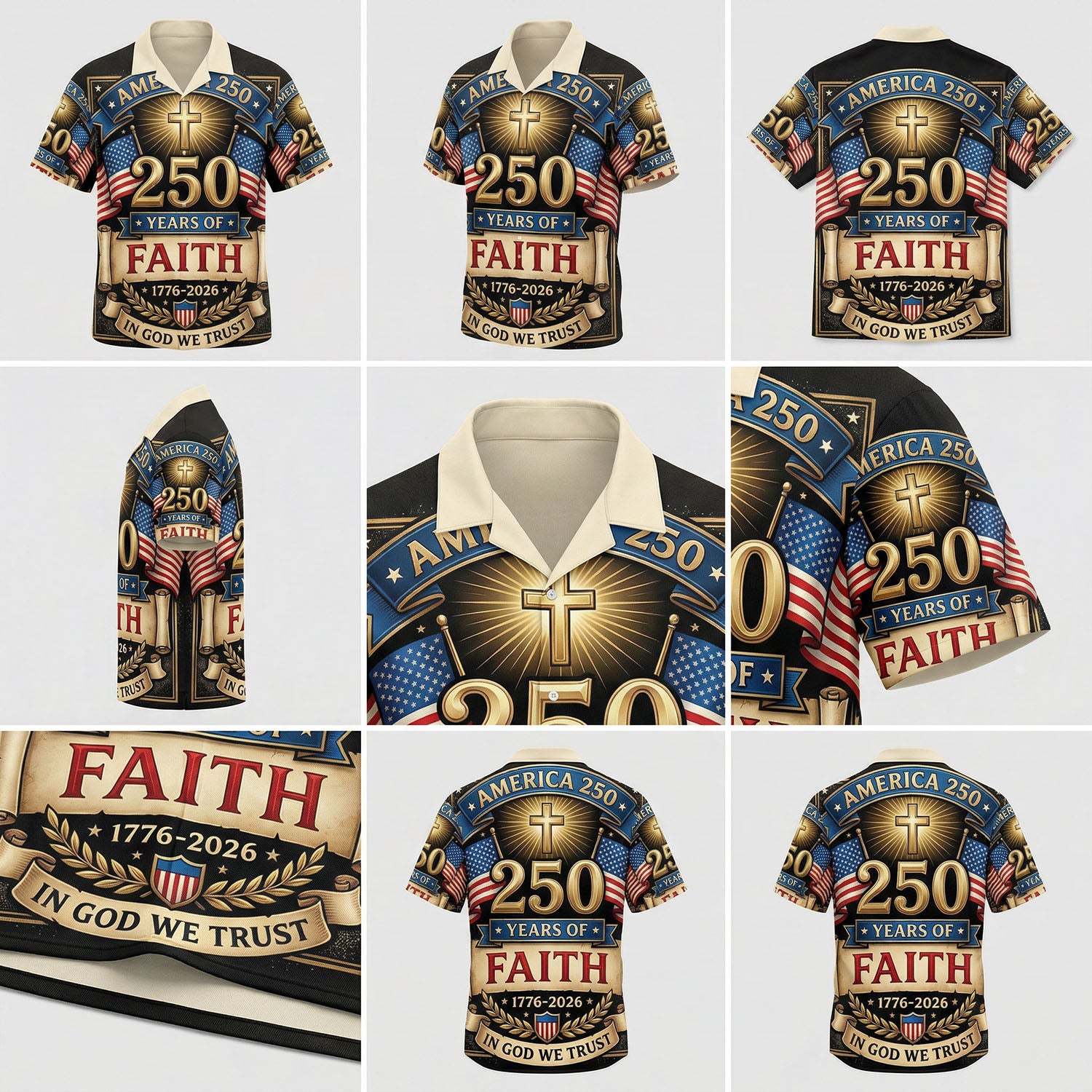 A detailed mockup gallery showing multiple angles and high-quality vintage 3D print details of the American heritage Hawaiian button-down shirt.
