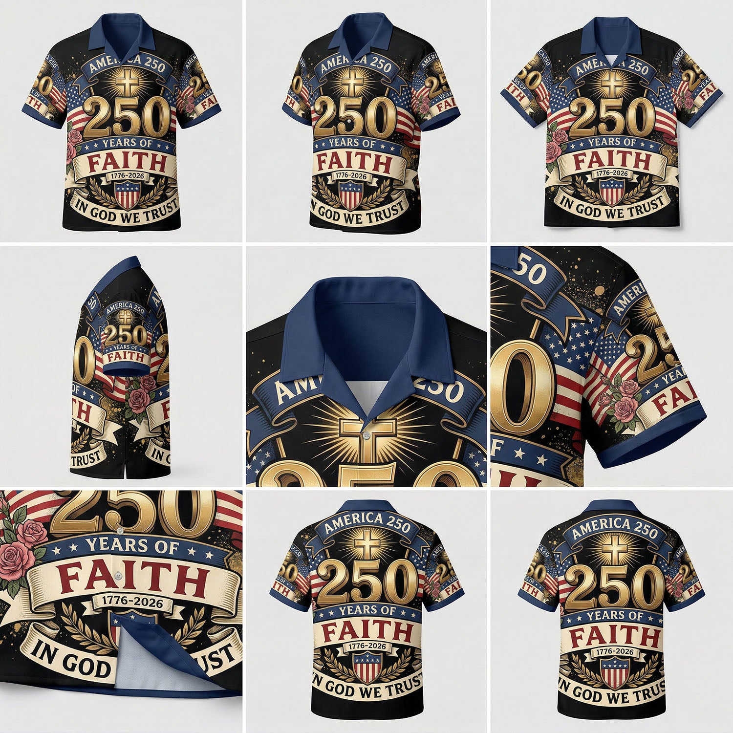 A detailed mockup gallery showing multiple angles and high-quality vintage 3D print details of the American heritage Hawaiian button-down shirt.