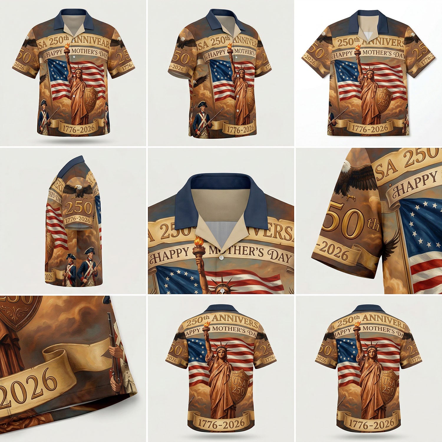 A detailed mockup gallery showing multiple angles and high-quality vintage 3D print details of the American heritage Hawaiian button-down shirt.