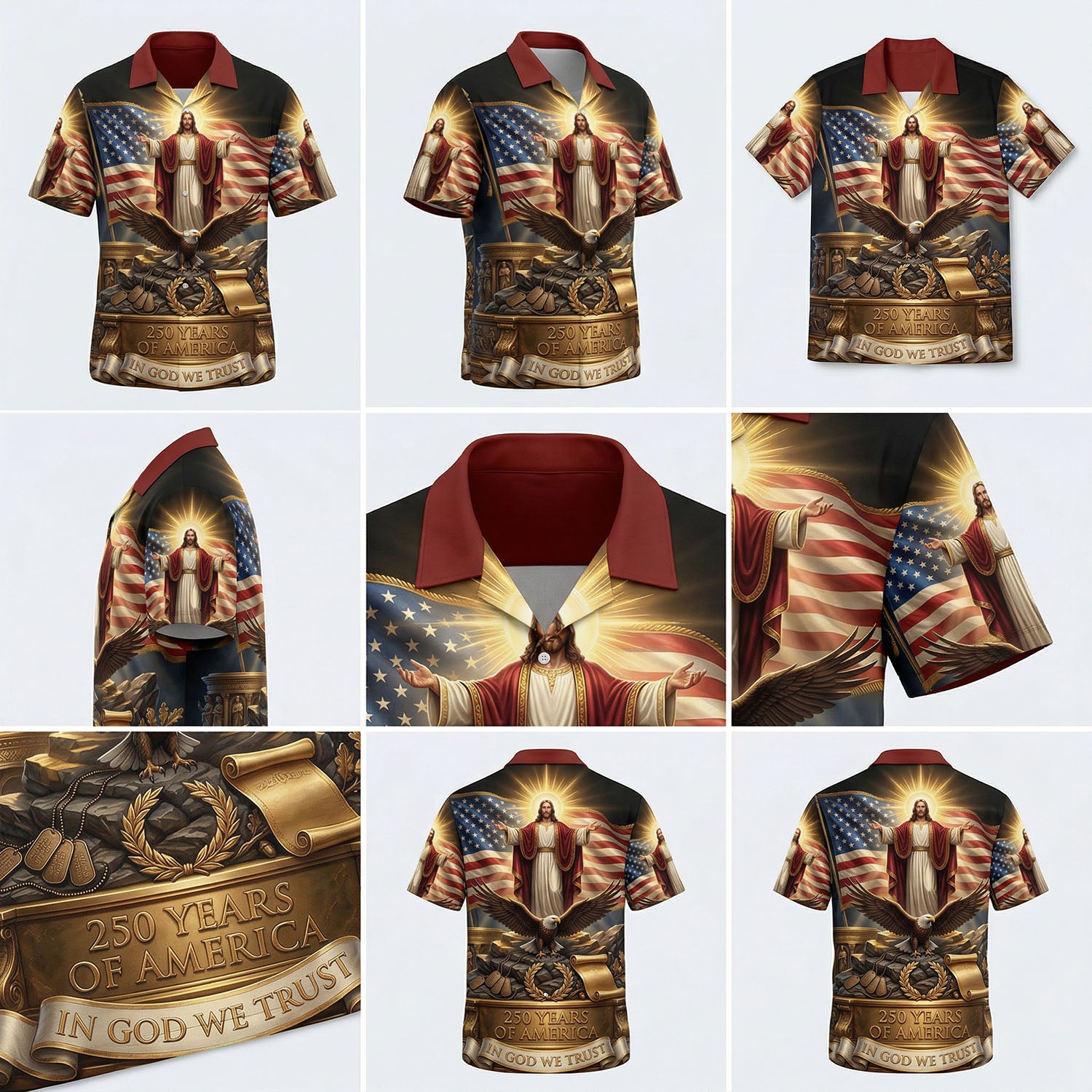 A detailed mockup gallery showing multiple angles and high-quality vintage 3D print details of the American heritage Hawaiian button down shirt.
