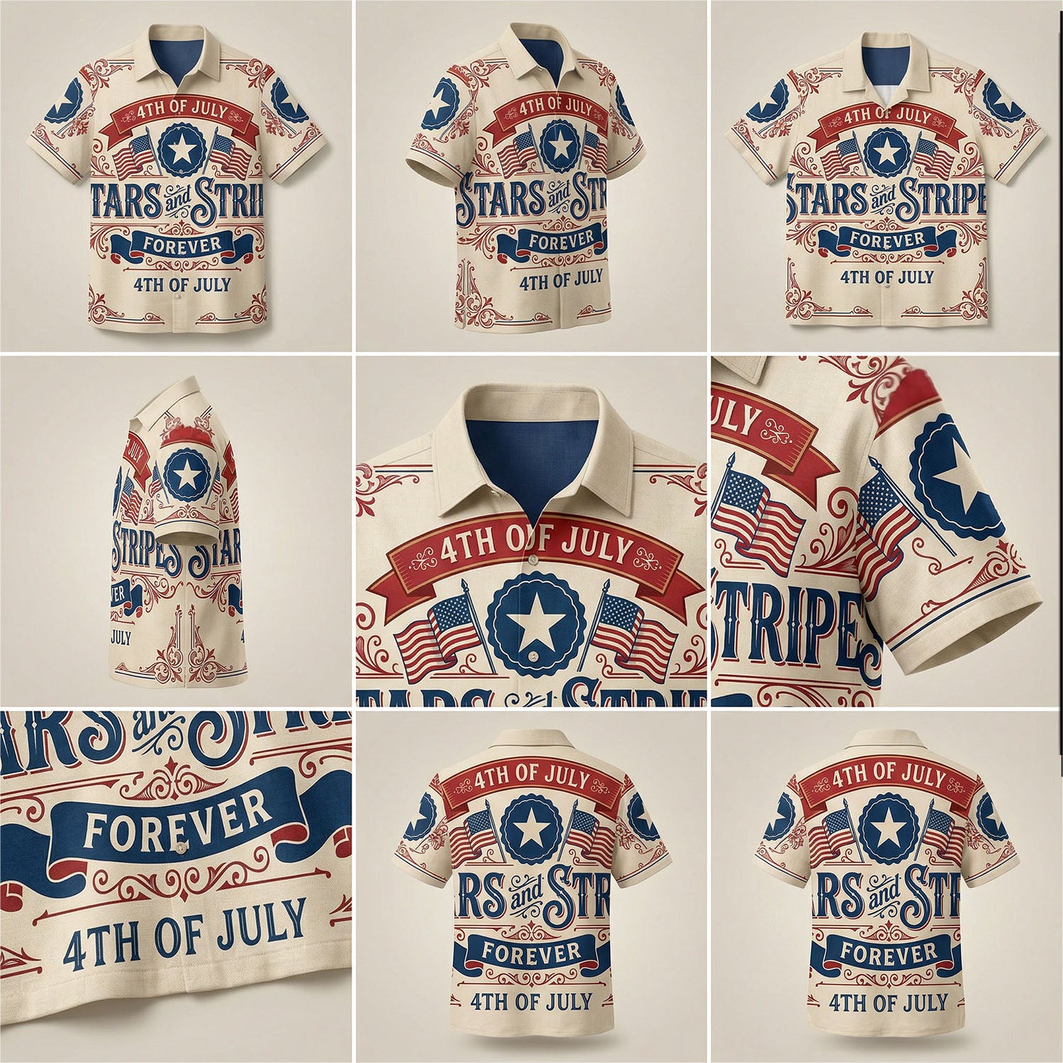 A detailed mockup gallery showing multiple angles and high-quality vintage print details of the American Independence Day Hawaiian shirt.