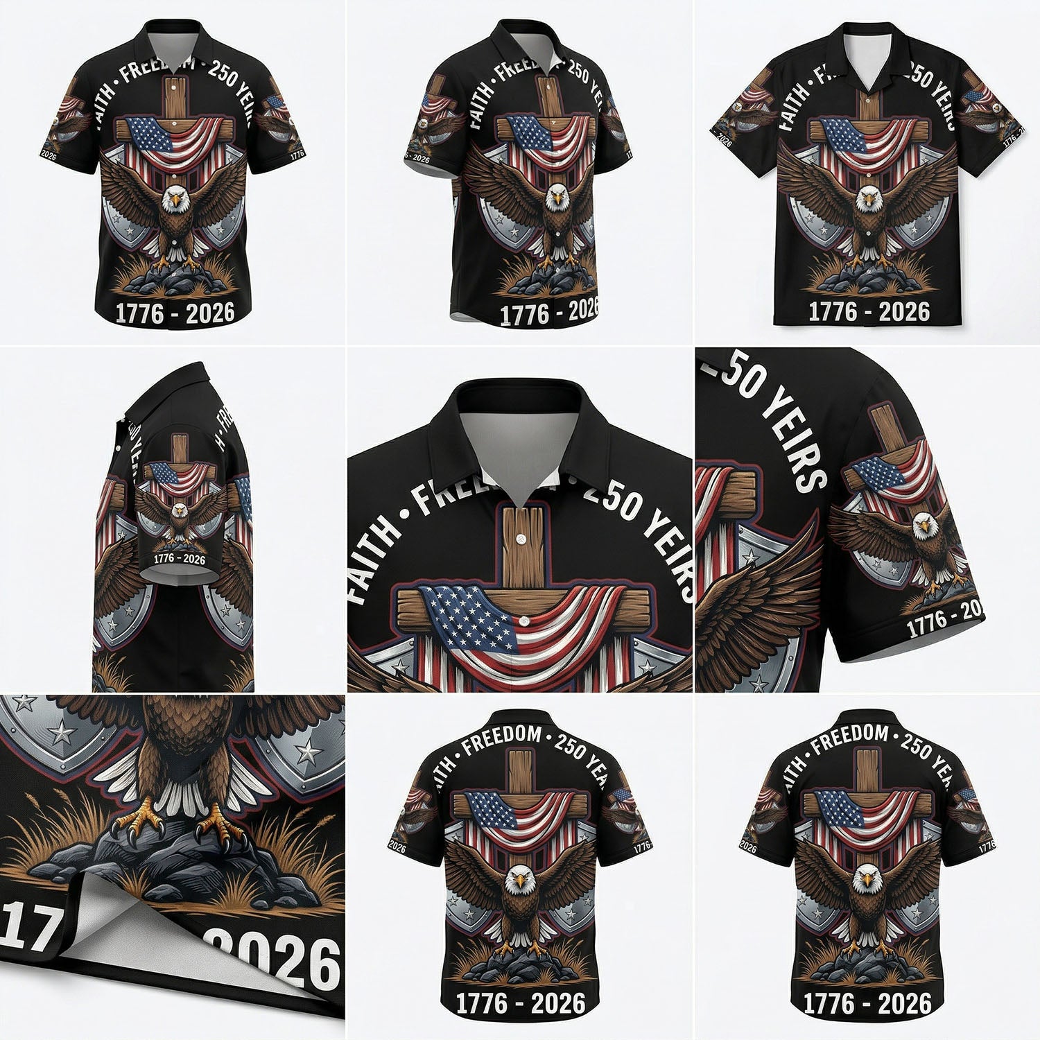 A detailed mockup gallery showing multiple angles and high-quality 3D print details of the American Eagle patriotic Hawaiian button down shirt.