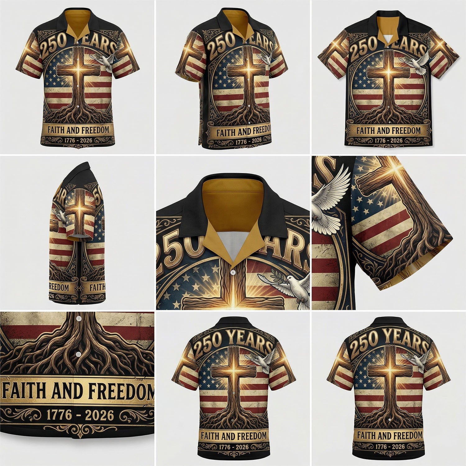 A comprehensive mockup gallery showing multiple angles and high-quality 3D print details of the 250 years anniversary Faith and Freedom Hawaiian shirt.