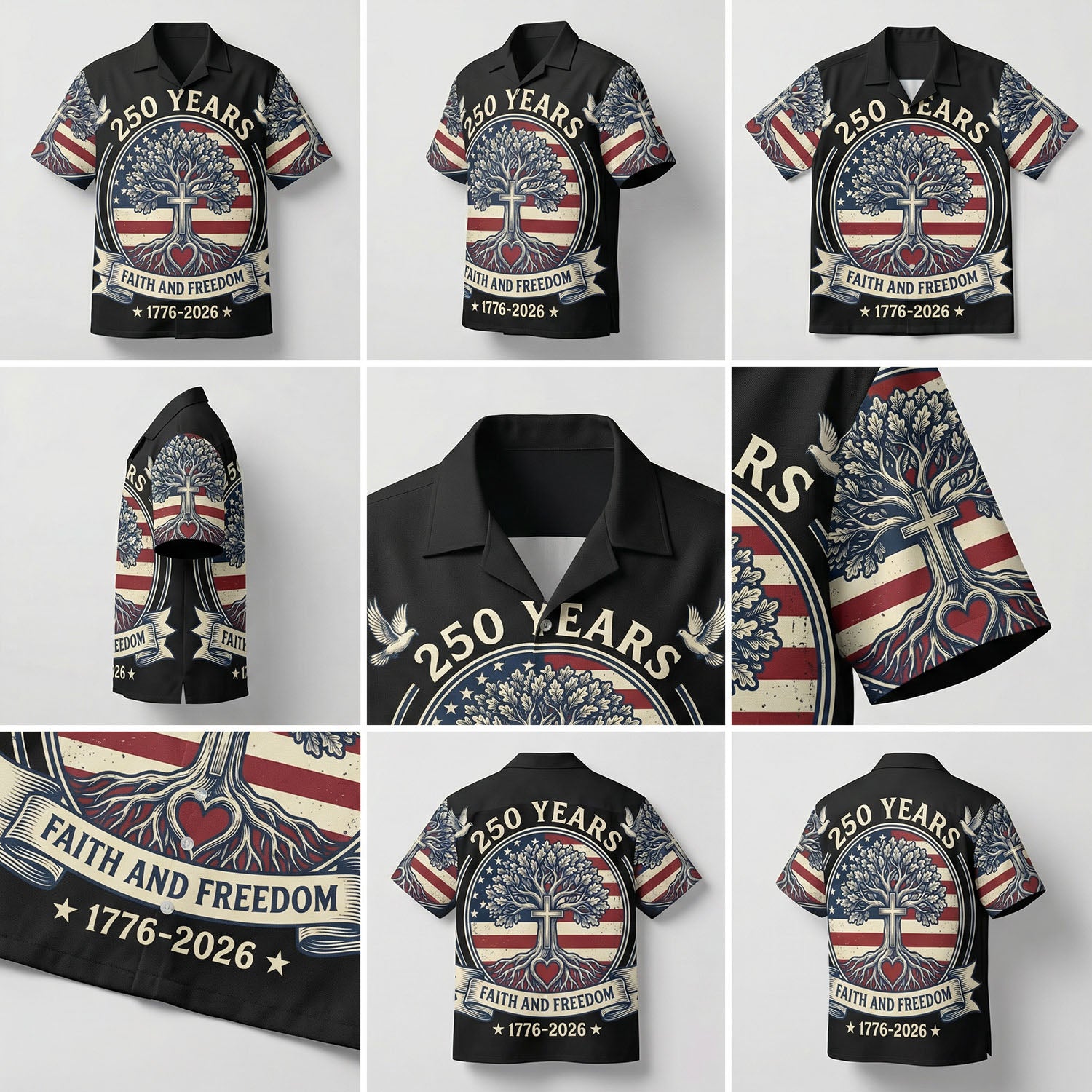 A detailed mockup gallery showing multiple angles and intricate 3D print details of the 250 years anniversary Christian Aloha shirt.