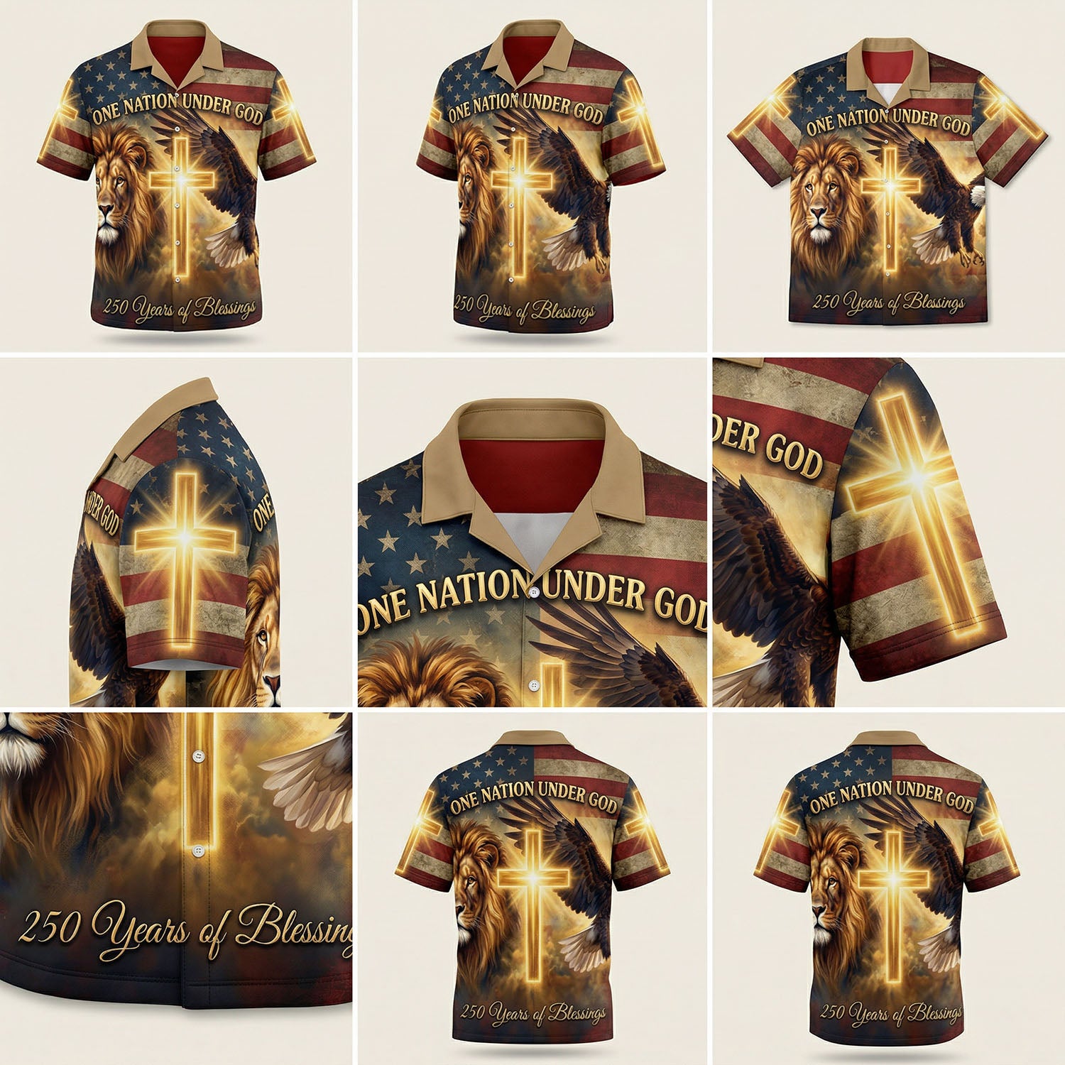 A detailed mockup gallery showing multiple angles and high-quality 3D print details of the Christian patriotic Hawaiian button-down shirt.