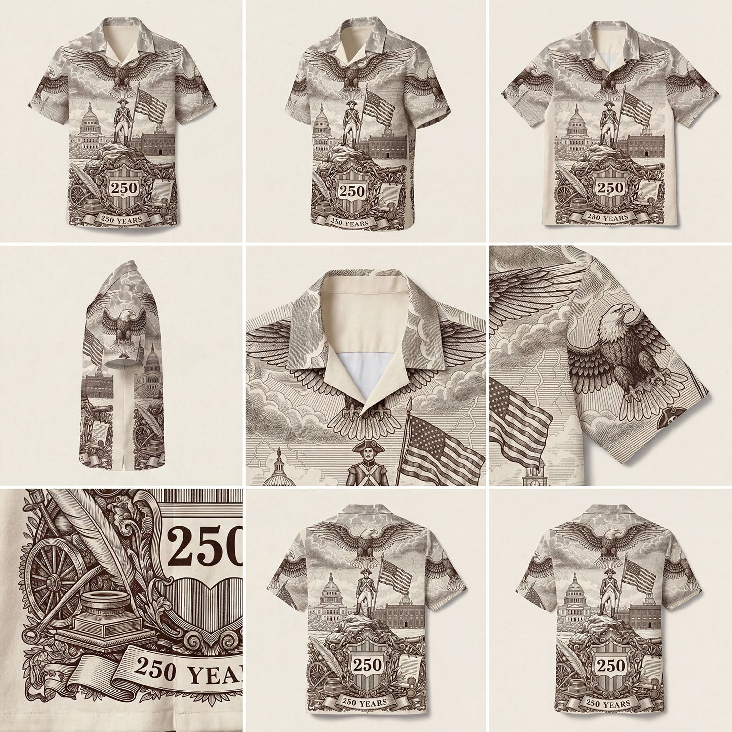 Multi-angle showcase of the 250 years anniversary shirt highlighting the intricate 3D script of the Constitution and the American flag.