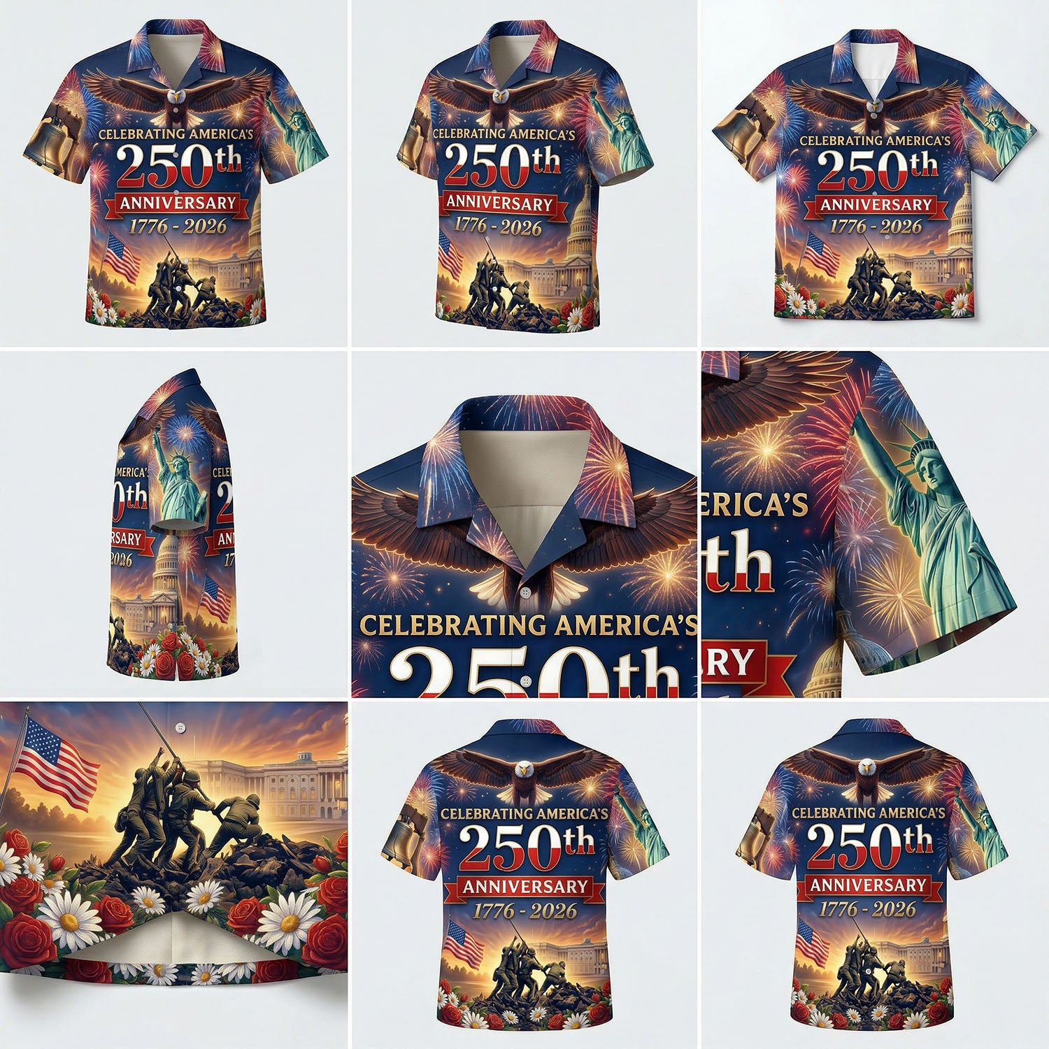 Detailed product collage highlighting the high-definition print of the Iwo Jima monument and patriotic floral accents on the shirt.