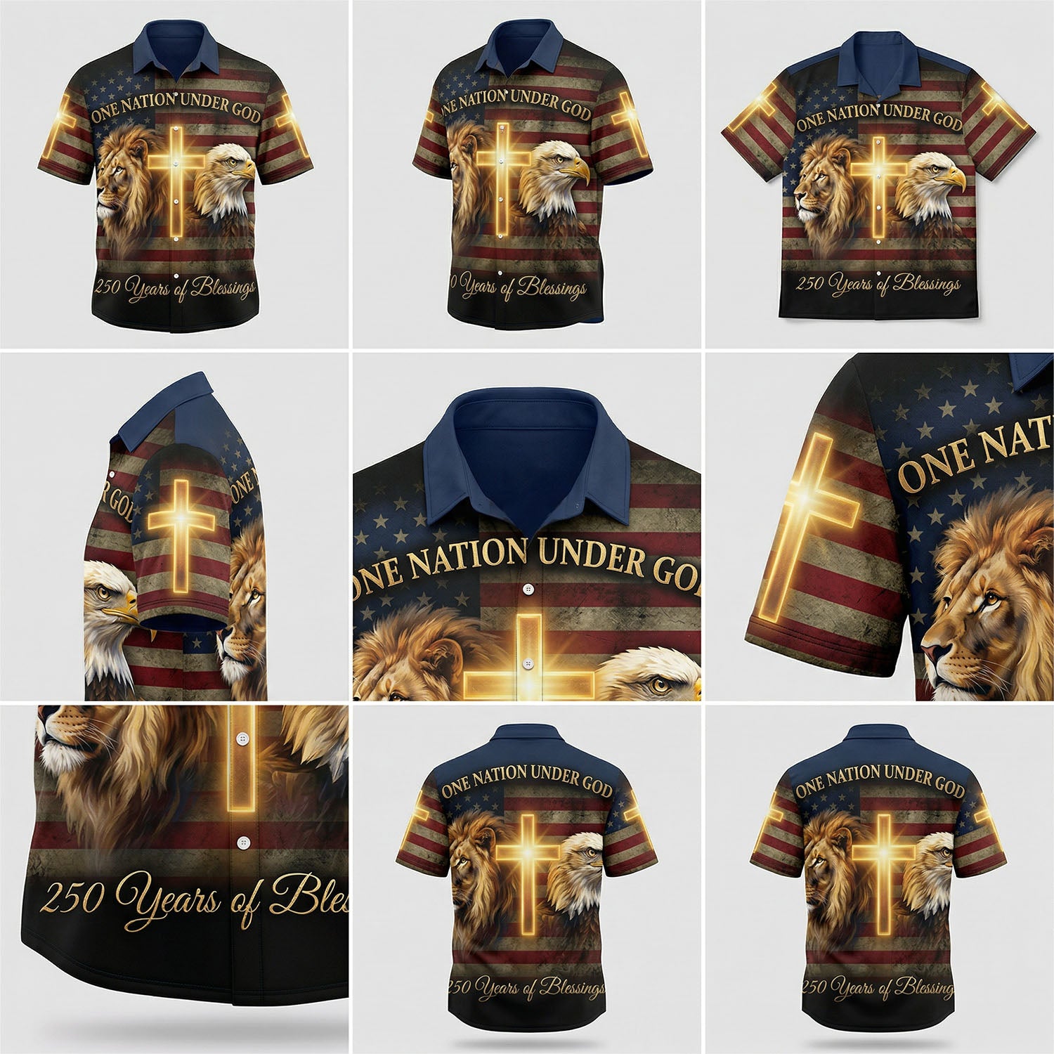Product display showing close-up angles and high-definition printing of the Liberty Bell and wooden cross on a vintage style patriotic shirt.