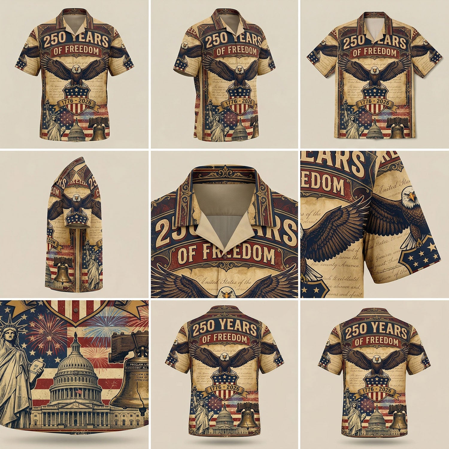Aloha shirt with '250 Years of Freedom' design featuring an eagle, American flag, and Statue of Liberty on a beige background.