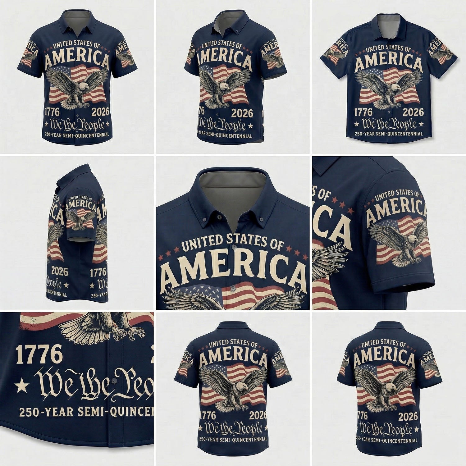 A detailed mockup collage showing multiple angles and intricate eagle graphics of the We The People 250 year semi quincentennial patriotic shirt