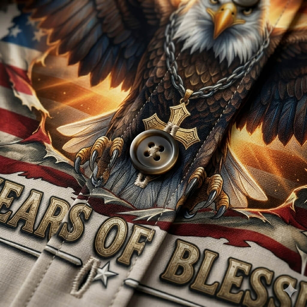 Detailed graphic of a Bald Eagle with a Christian Cross and American Flag on a Tksgift Hawaiian shirt, celebrating 250 years of blessings.