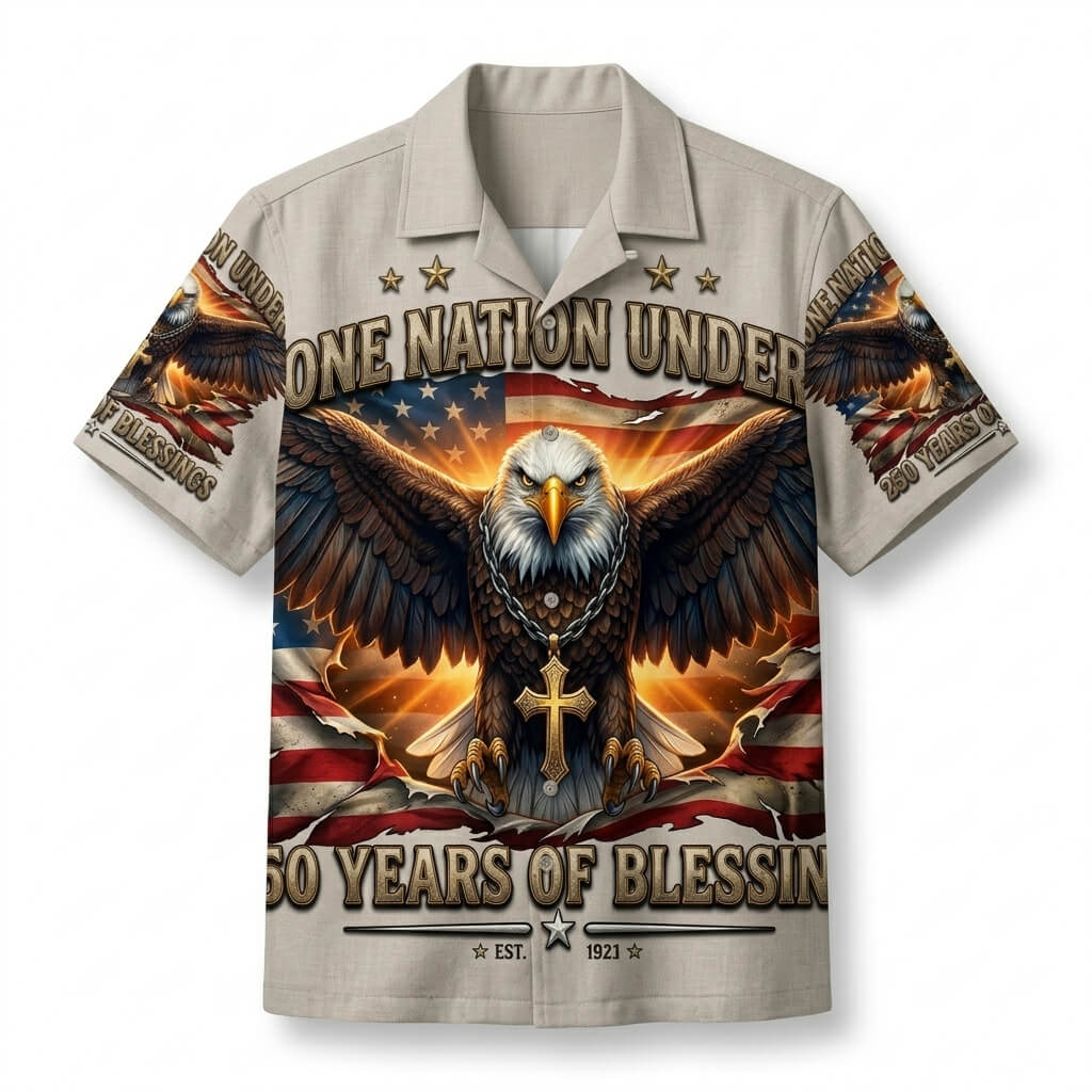 Tksgift One Nation Under God Patriotic Hawaiian Shirt for Men, featuring Bald Eagle, American Flag, and Christian Cross, 250 Years of Blessings Special Edition.