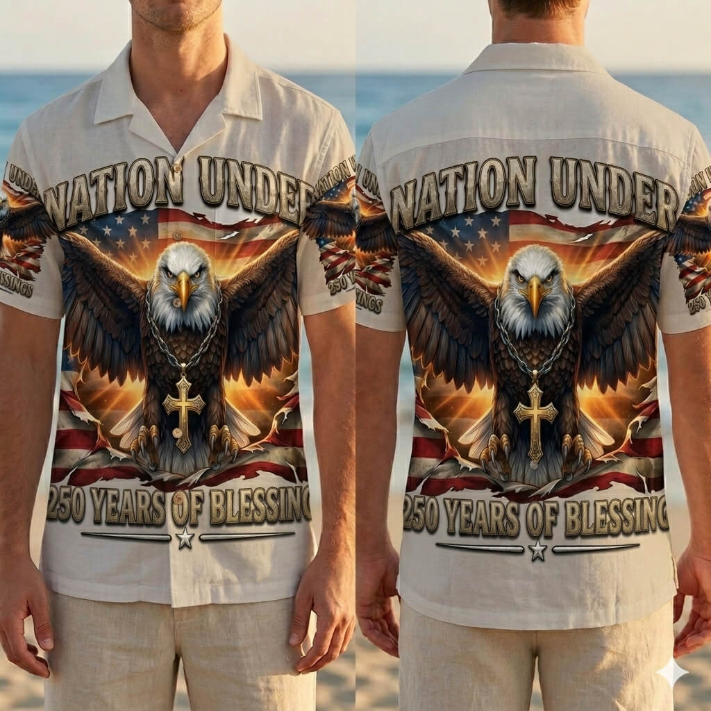 Men's Patriotic Button Down Shirt - One Nation Under God 250th Anniversary Design with Eagle and Flag by Tksgift.