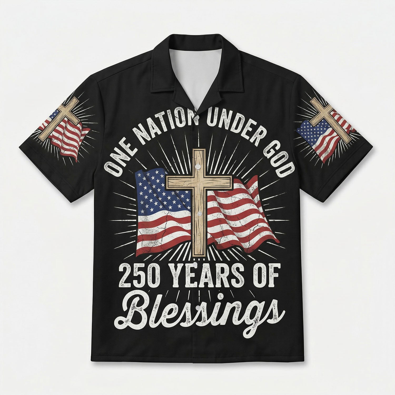 Main front view of a black patriotic Hawaiian Aloha shirt featuring One Nation Under God and 250 Years of Blessings design by TKSGift.
