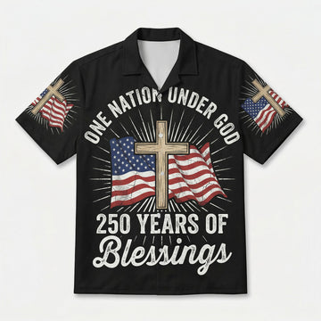 Main front view of a black patriotic Hawaiian Aloha shirt featuring One Nation Under God and 250 Years of Blessings design by TKSGift.
